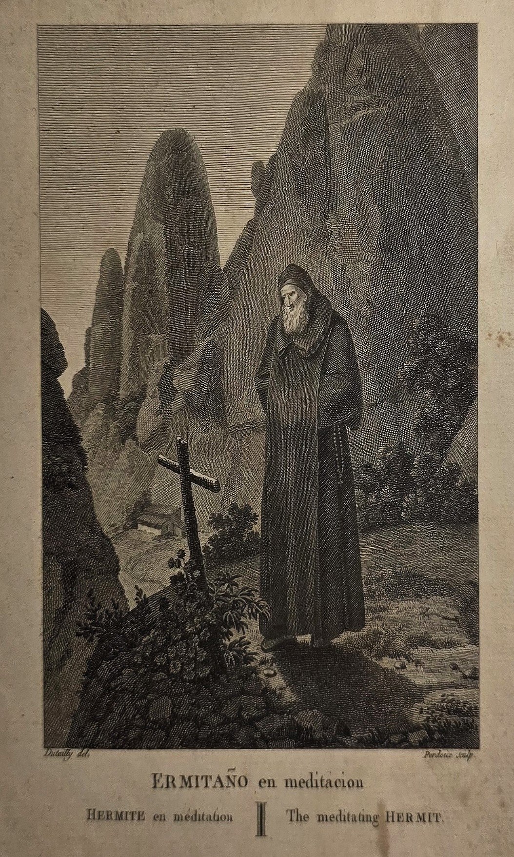 eines einsamen Mönchs bei Kreuz und Felsen