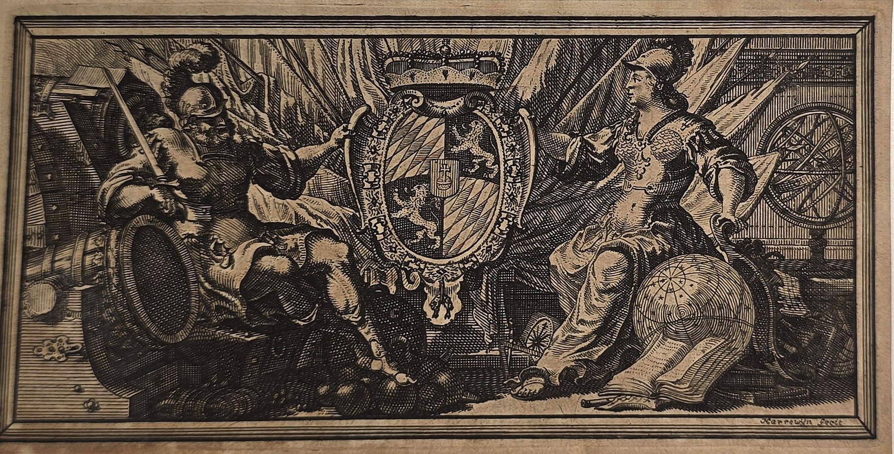 Allegorisches Wappenblatt mit Figuren und wissenschaftlichen Geräten