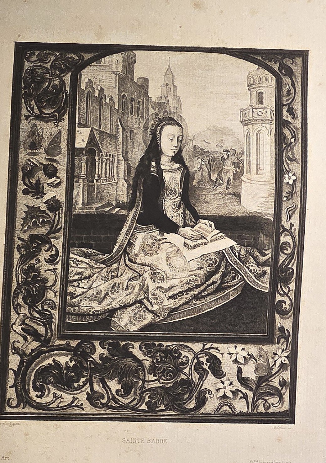 Ornamentaler mit sitzender Frau in Stadtszene
