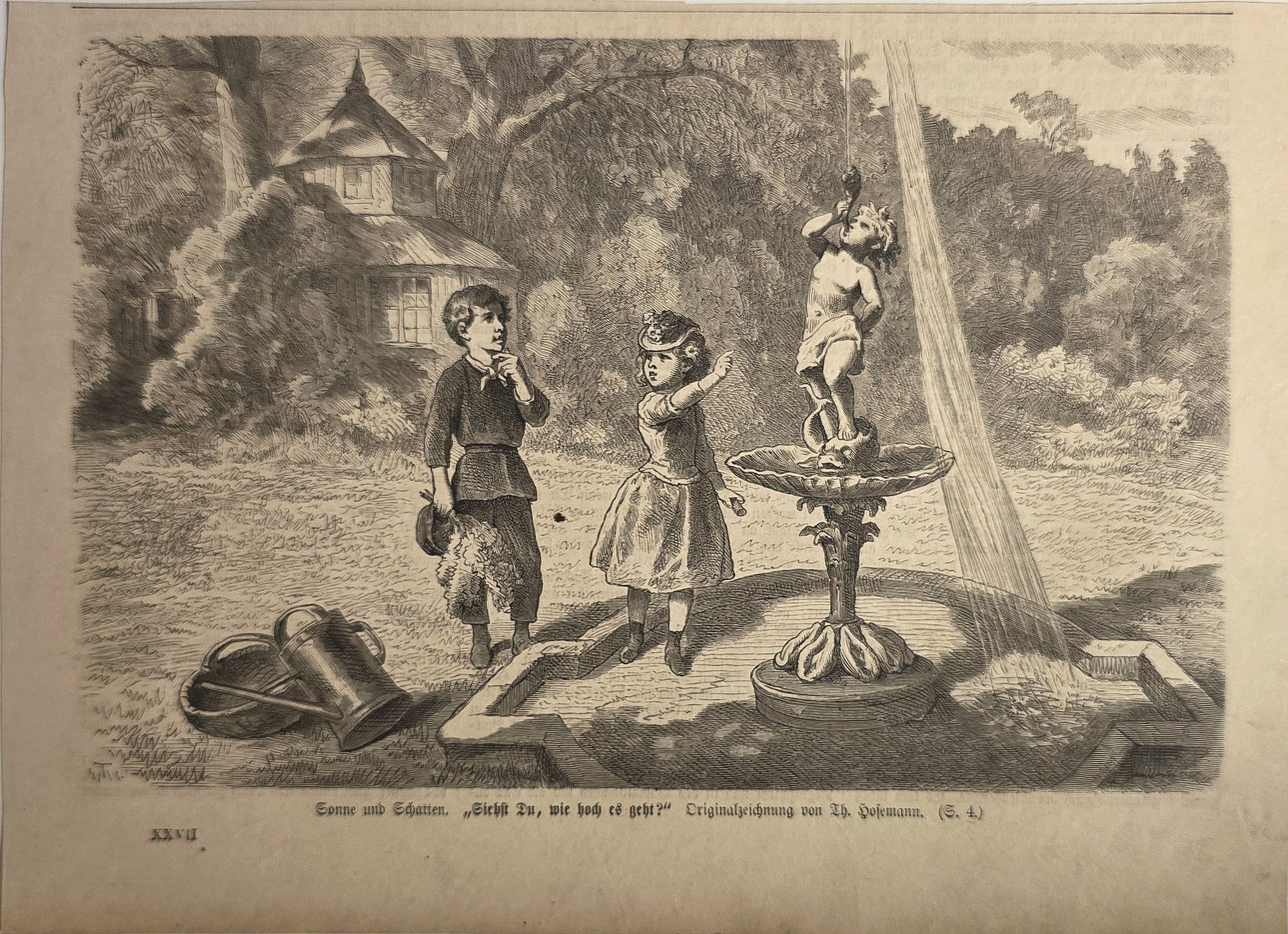 Historische Darstellung – Kinder beim Spiel mit einer hohen Vorrichtung
