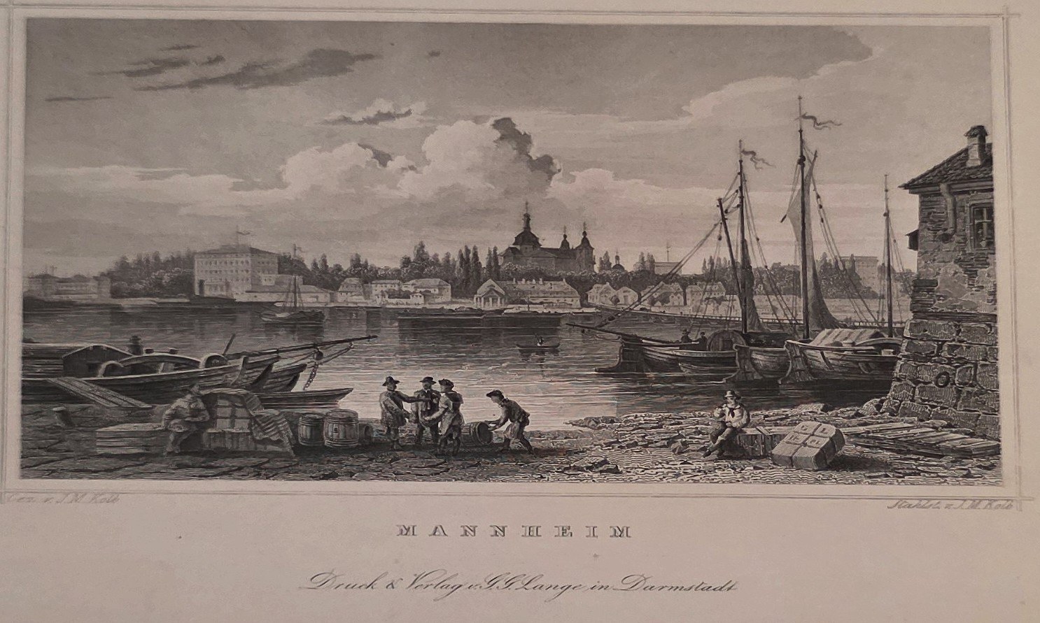 Historische Ortsdarstellung – Hafenpanorama mit Segelschiffen und Kais