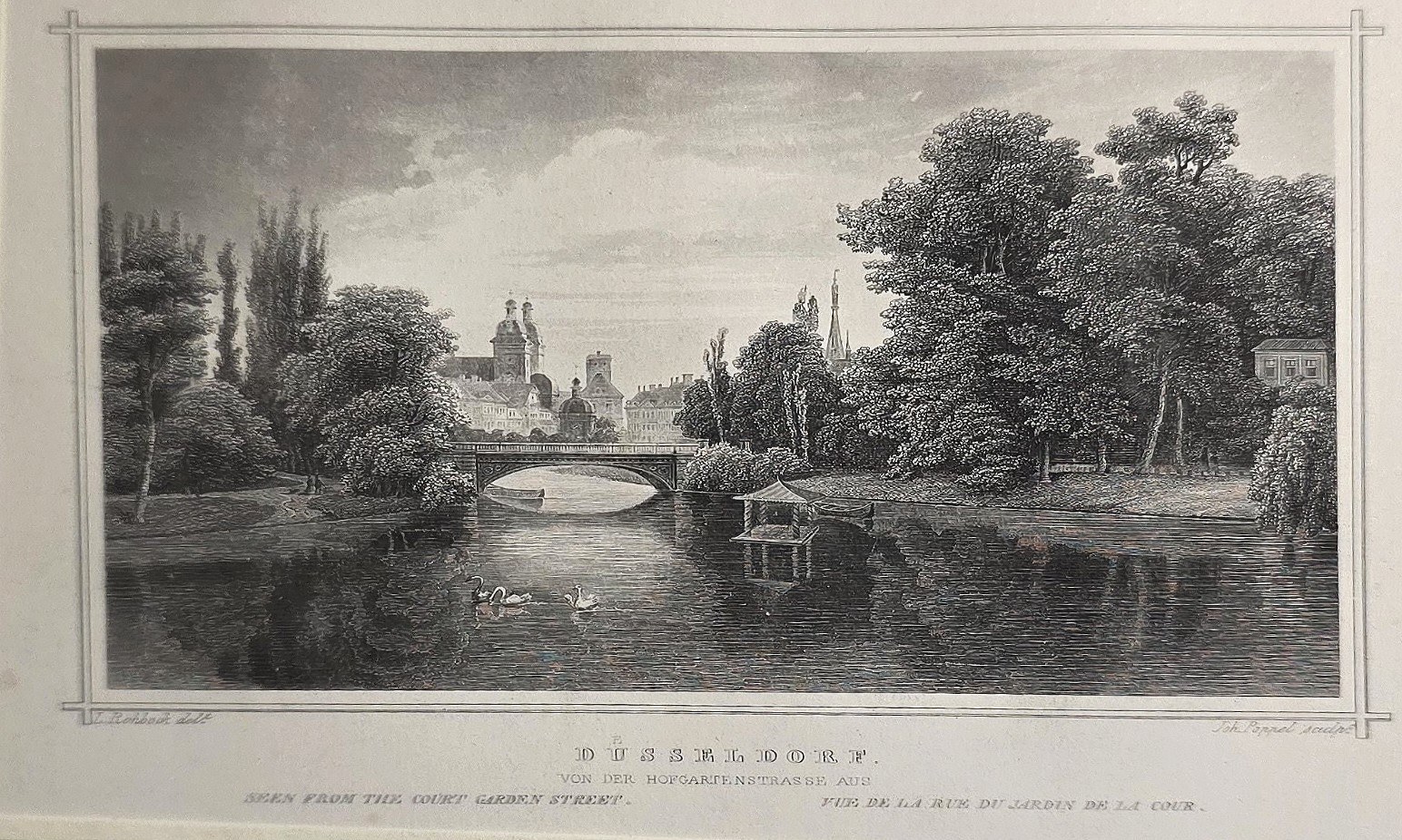 Historische Landschaftsdarstellung – mit Flusslauf, Bogenbrücke und Baumgruppen