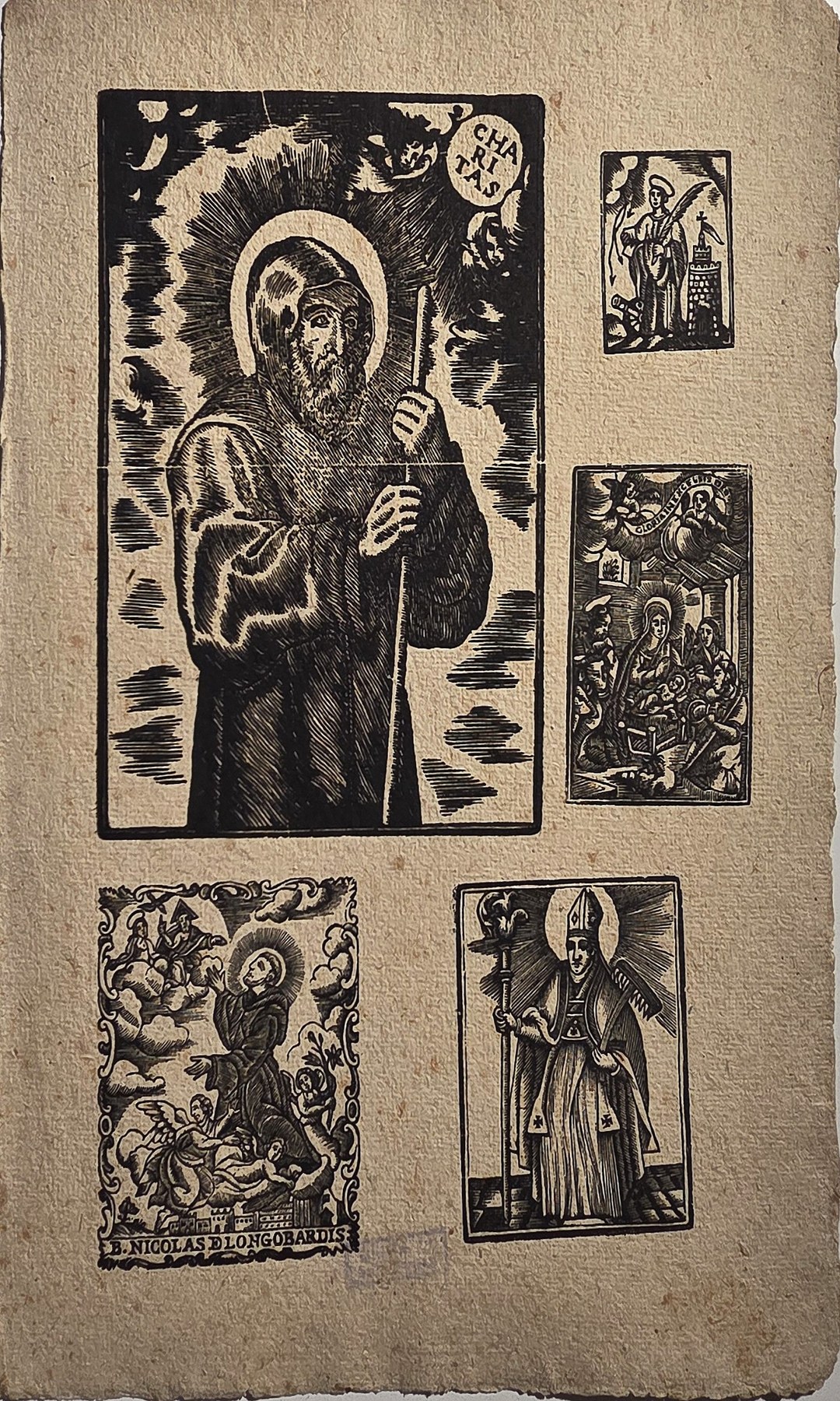 Sakrale historische Darstellung – Religiöse mit großer Heiligenfigur und Nebenmotiven