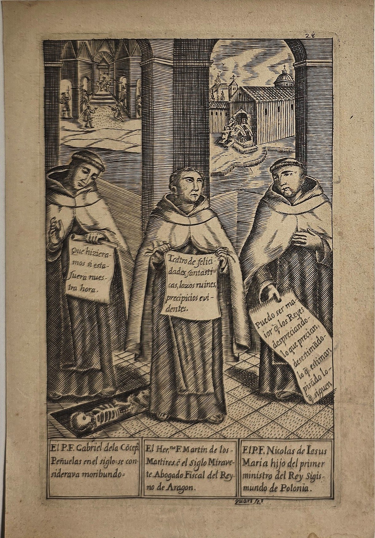 Drei Ordensmänner mit Schriftbändern