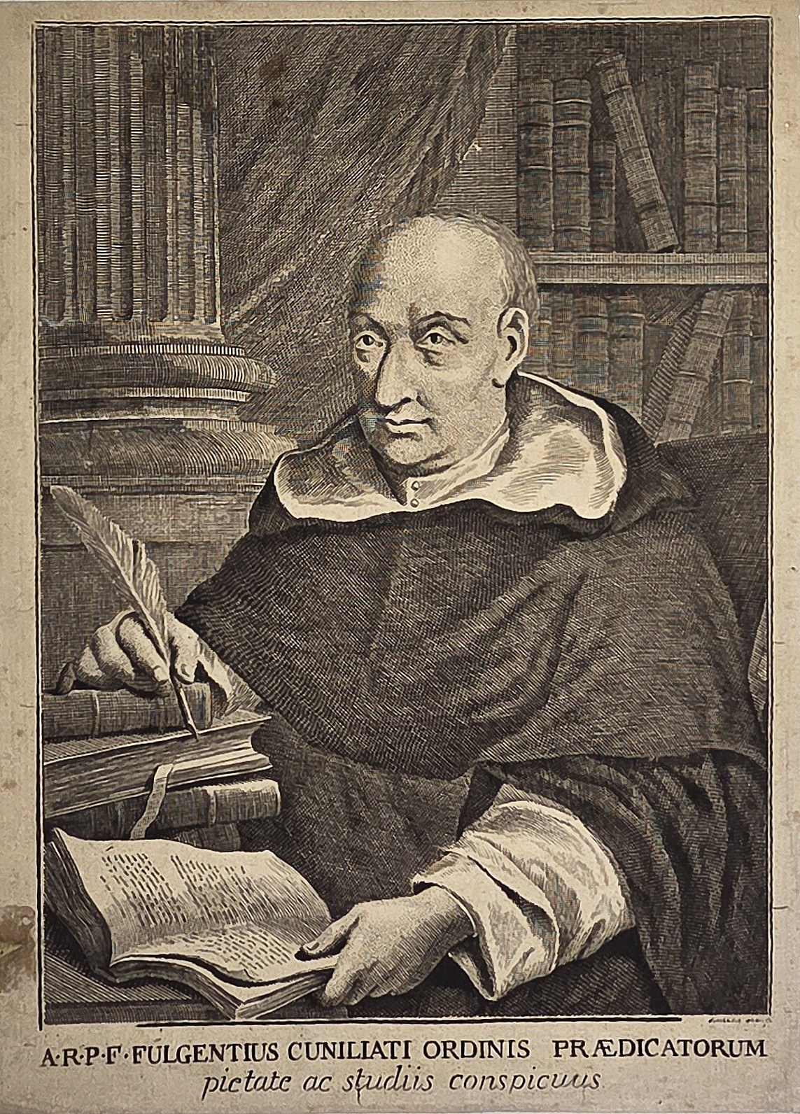 Gelehrter Ordensmann mit Feder und geöffnetem Buch