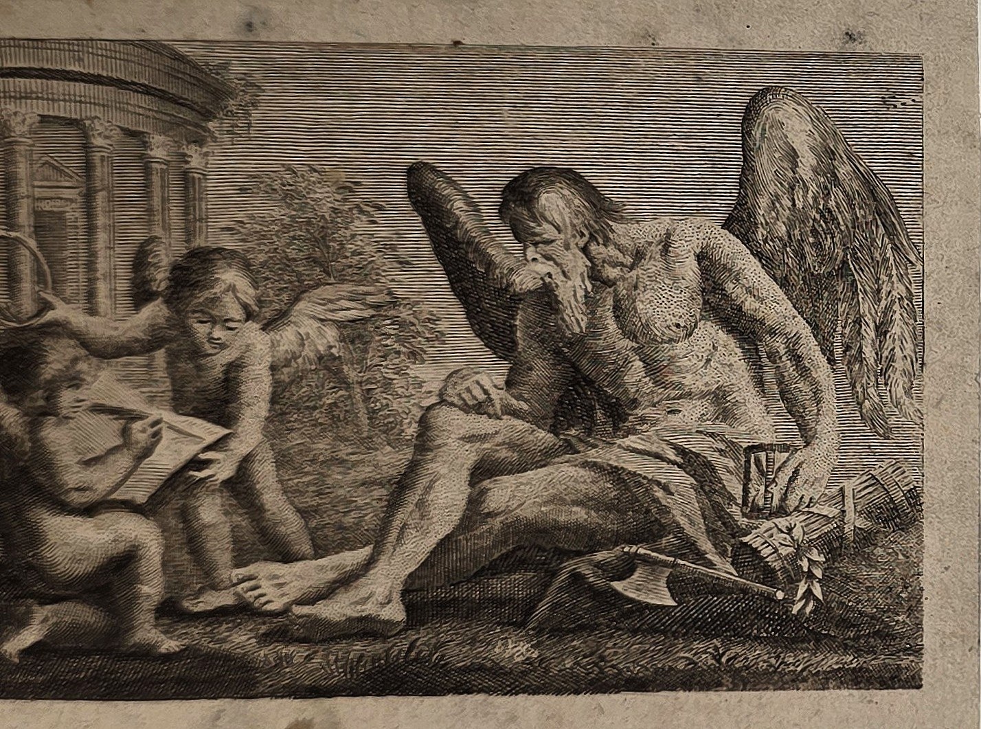 Ruhende Figur mit Engel in Landschaft