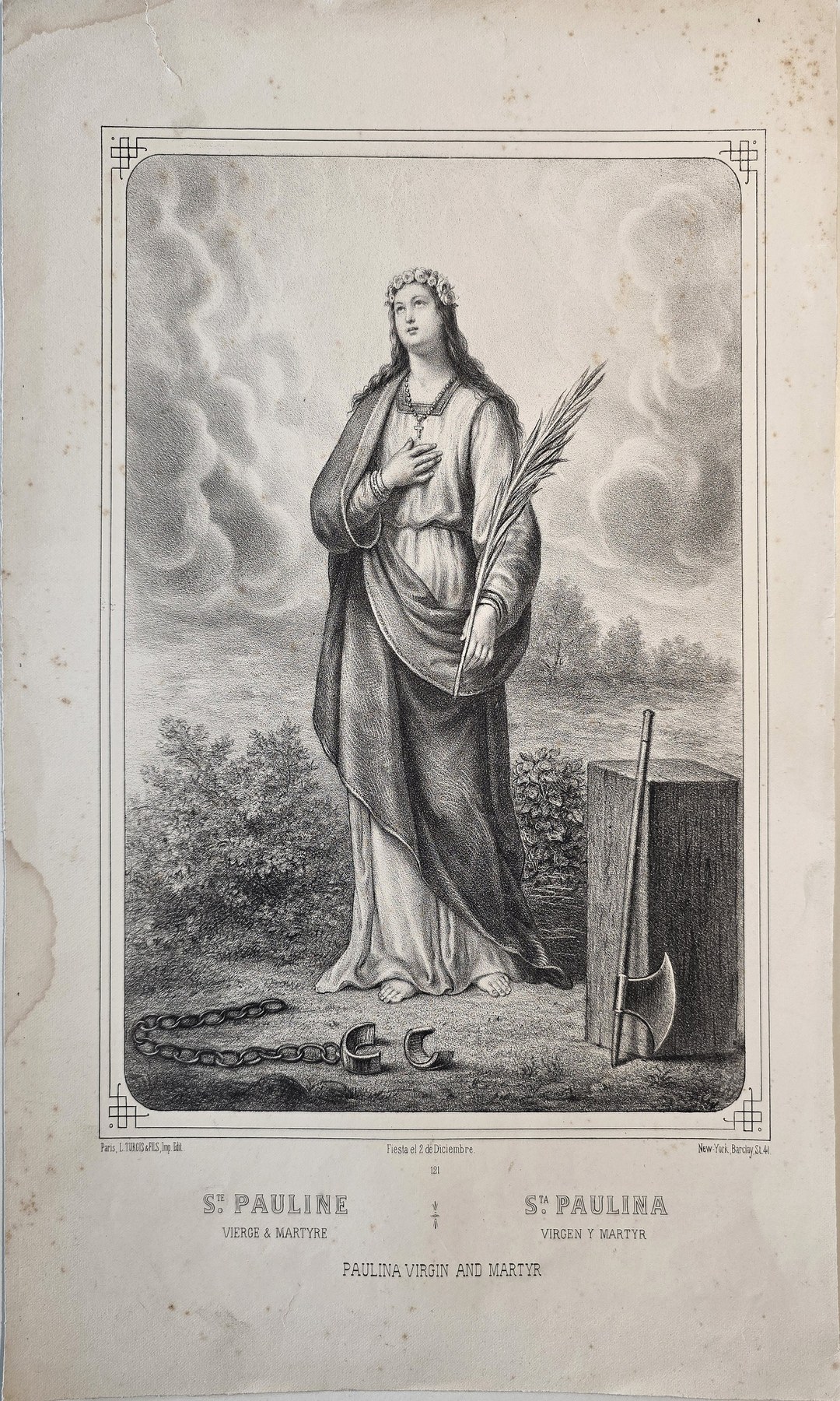 einer stehenden Heiligenfigur vor Landschaft