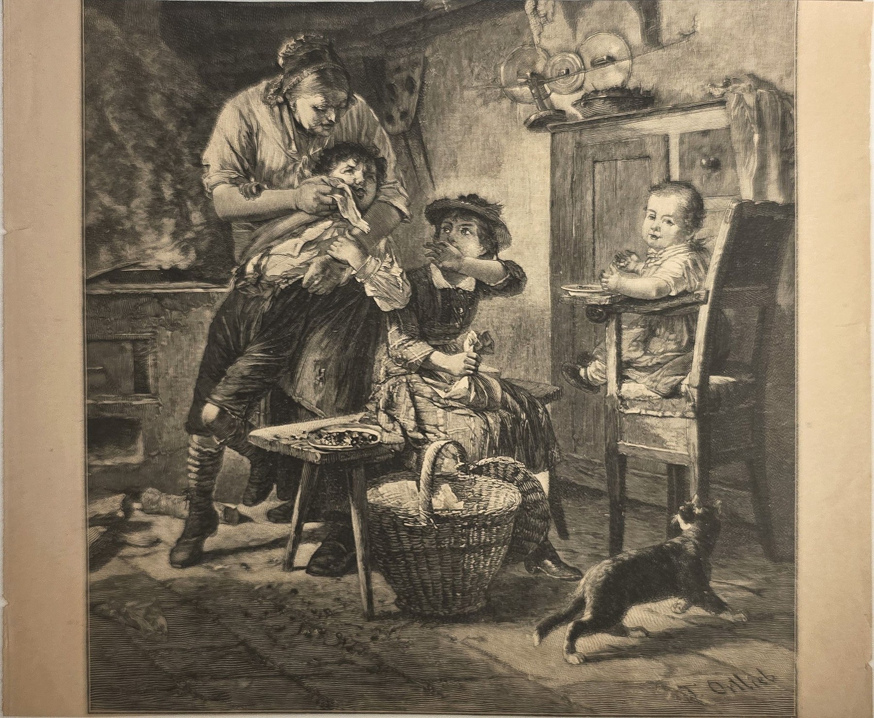 Historische figürliche Darstellung – Familie bei handwerklicher Arbeit