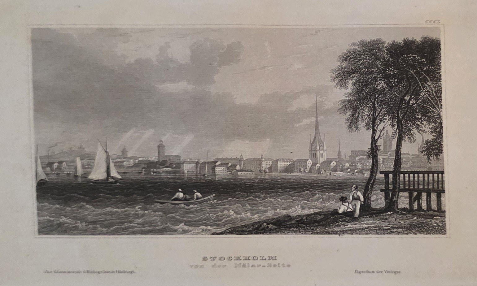 Historische Ortsdarstellung – Flache Landschaft mit ferner Stadt