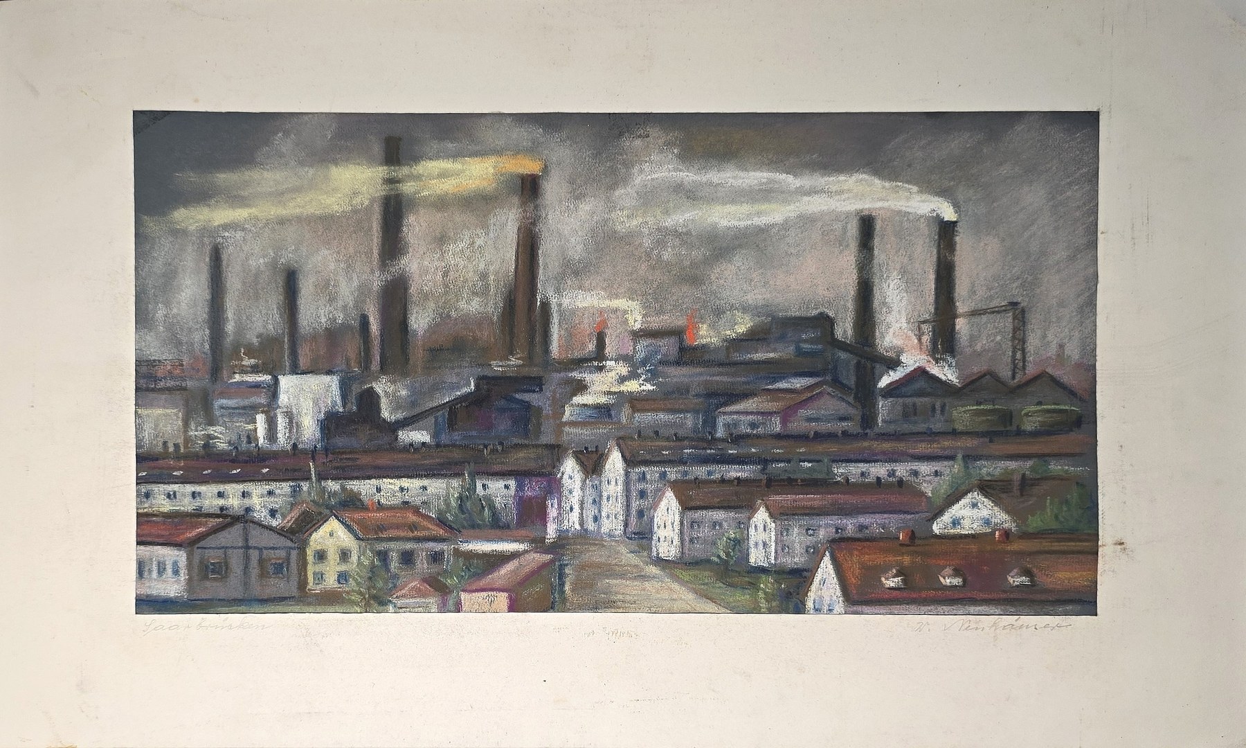 Aquarell mit Industrieanlage unter dunklem Himmel