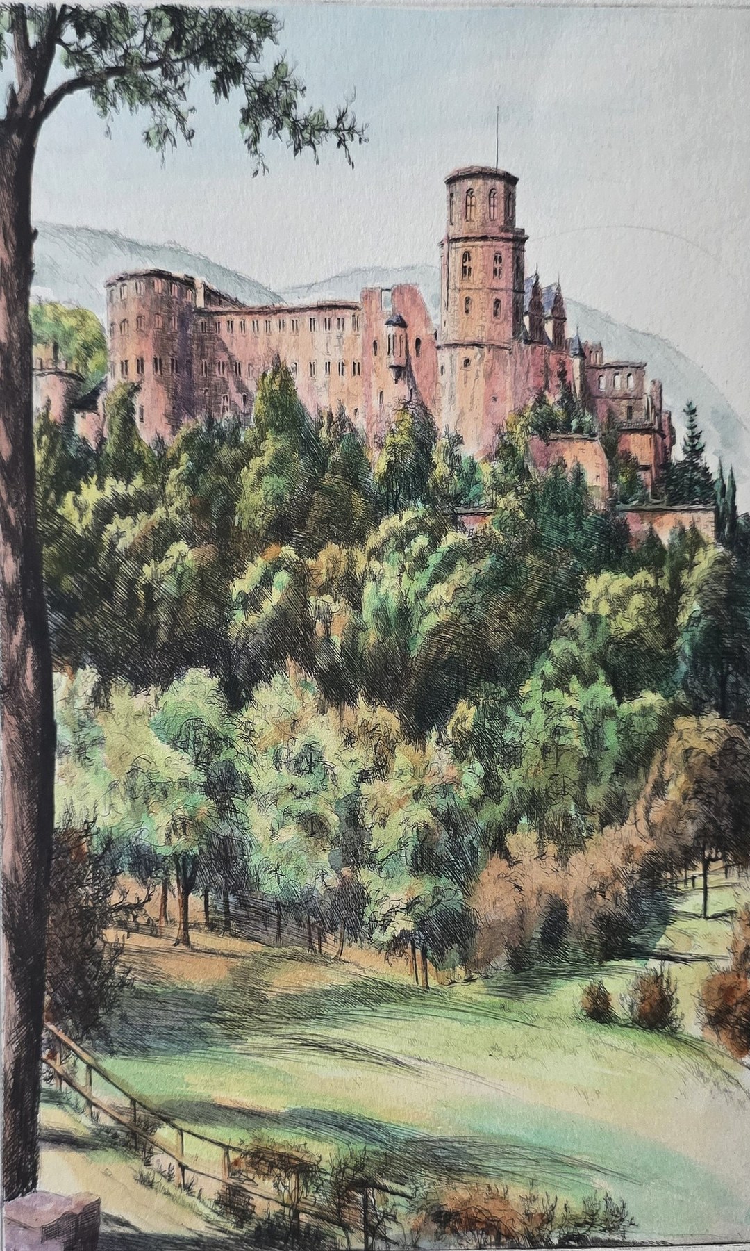 Historische Architekturdarstellung – Farbige Landschaft mit Schlossanlage auf Anhöhe