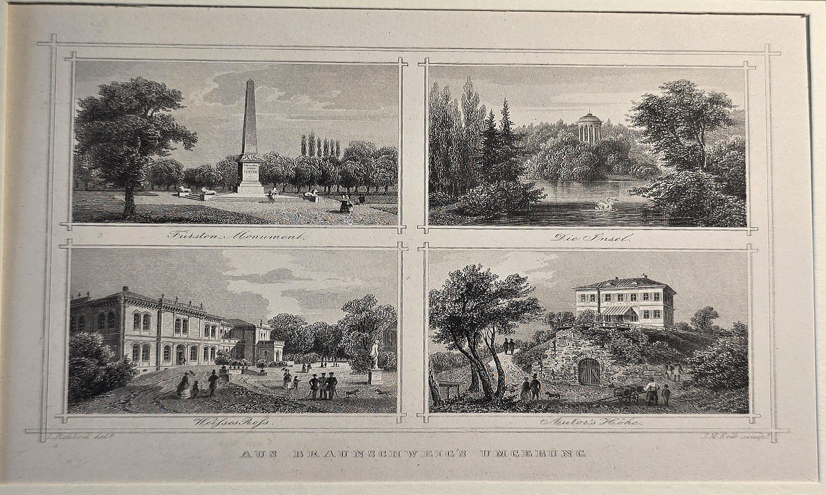 Vier Ansichten von Landschaft und Gebäuden