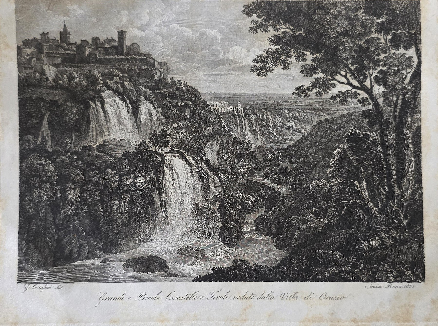 Historische Darstellung – Kaskaden zwischen Felsen und dichter Vegetation