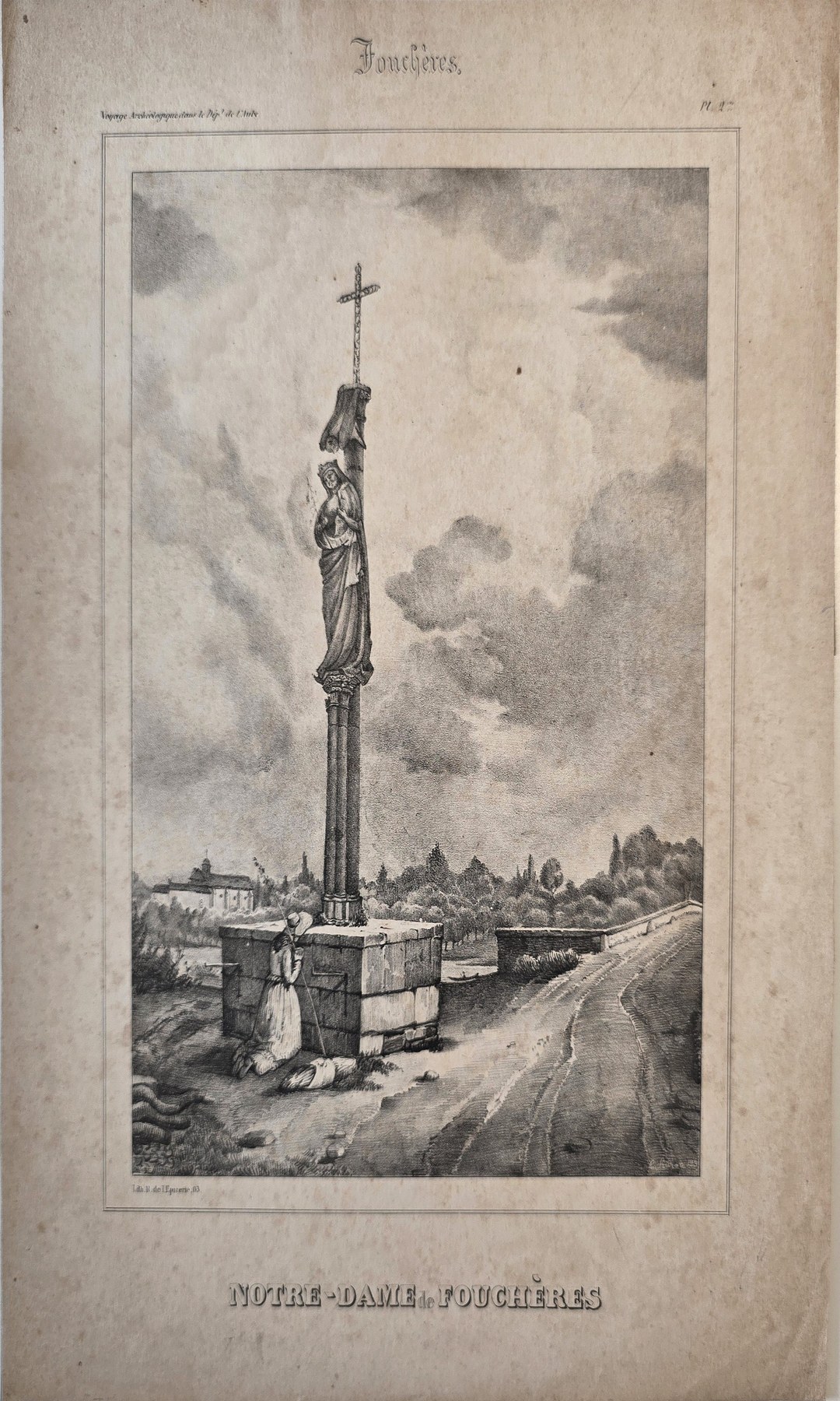 Historische Landschaftsdarstellung – Steinkreuz auf hohem Sockel in Landschaft