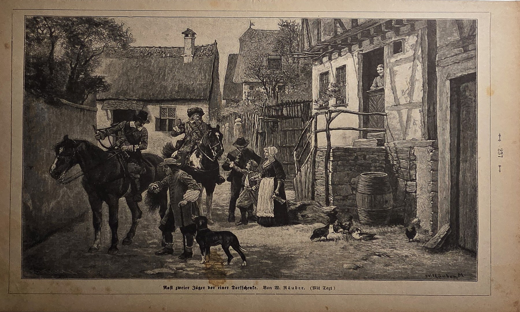 Pferd und Dorfbewohner vor einfachen Häusern