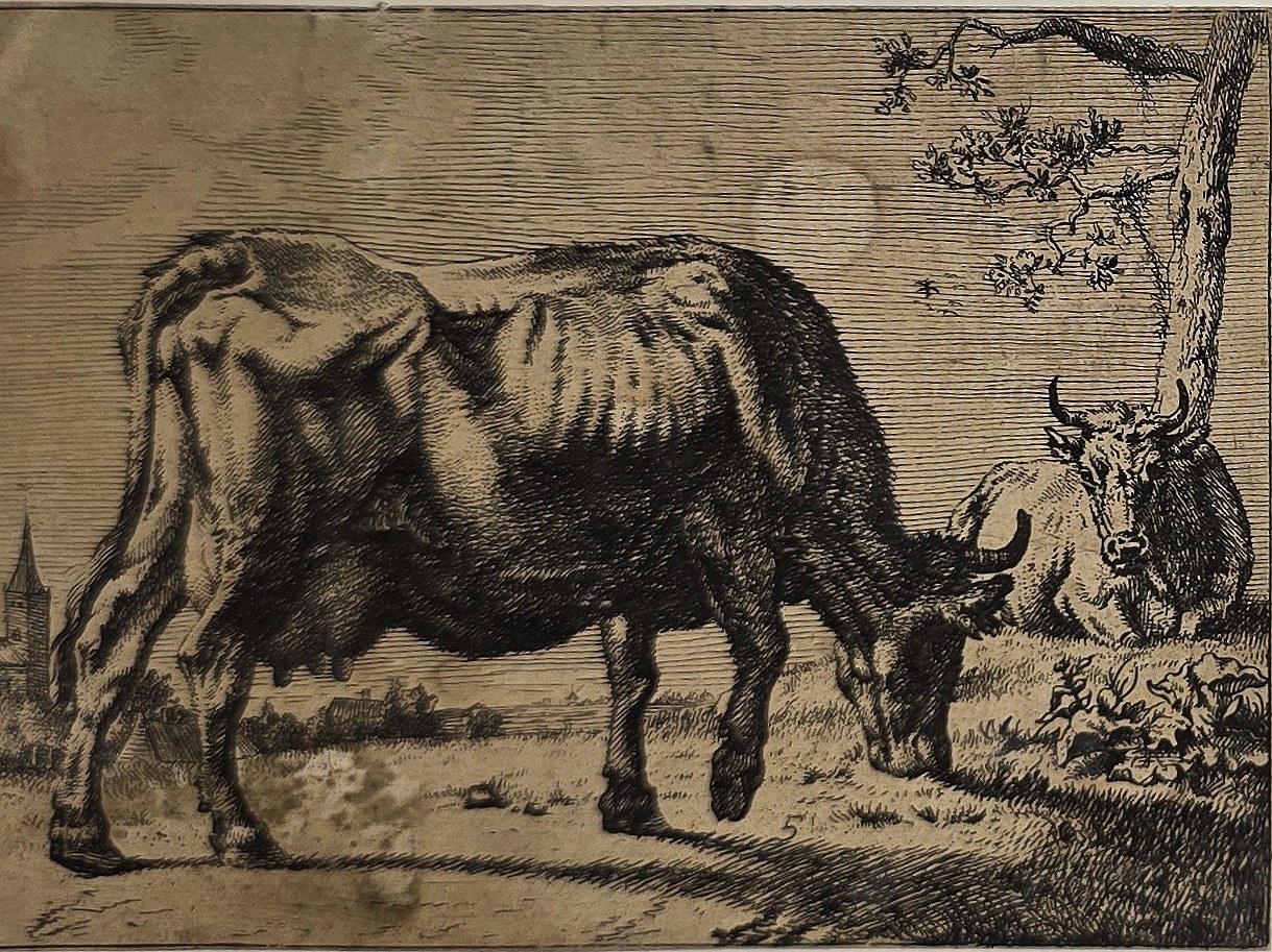 Historische Landschaftsdarstellung – Weidendes Rind in ruhiger Landschaft