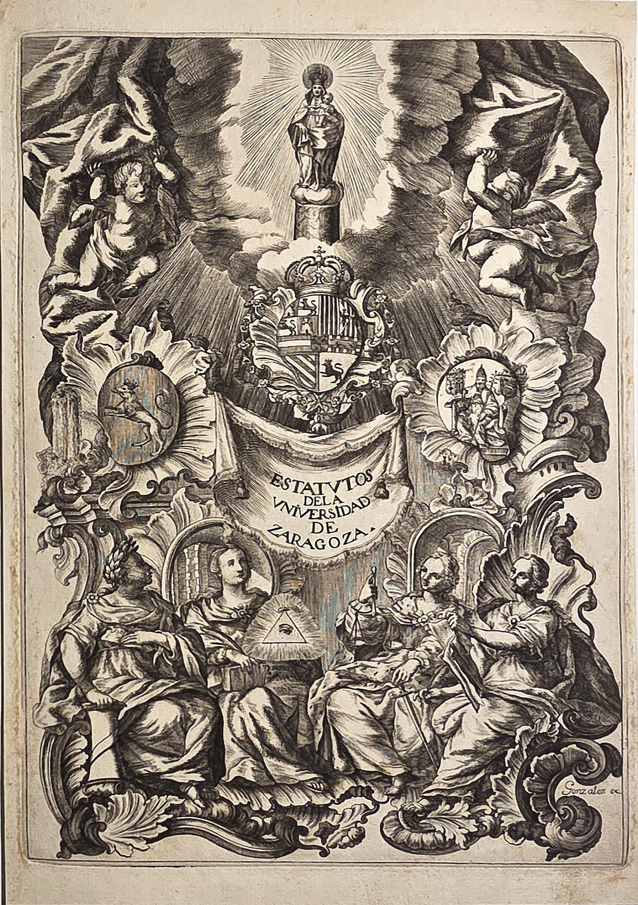 Heraldisches Andachtsblatt mit Wappen und Heiligen