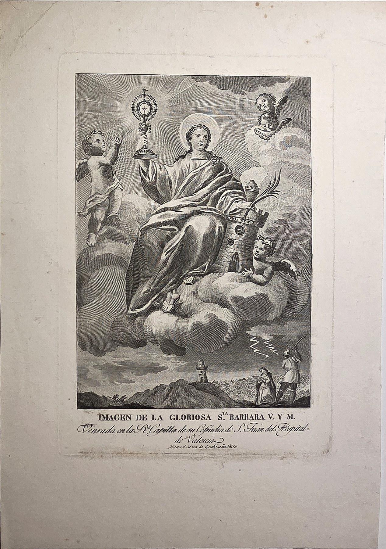 Sakrale historische Darstellung – Thronende Madonna mit Strahlen und Engeln