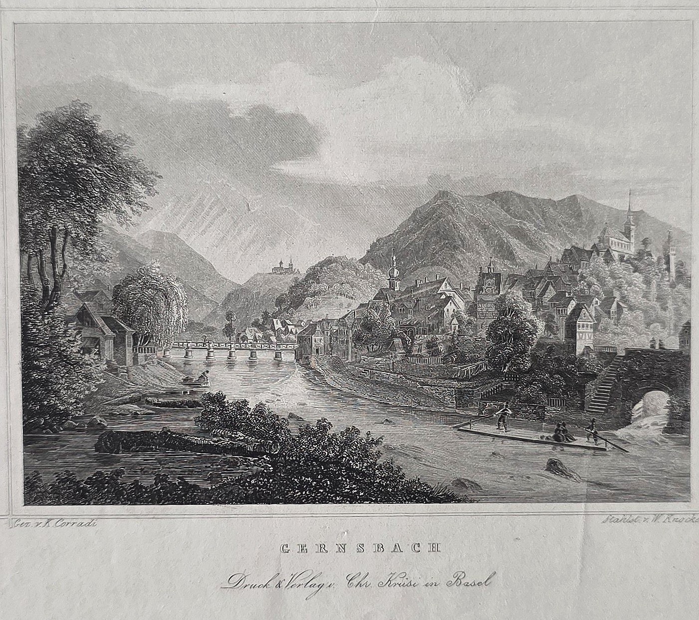 einer Flussstadt mit Brücke und Gebirge