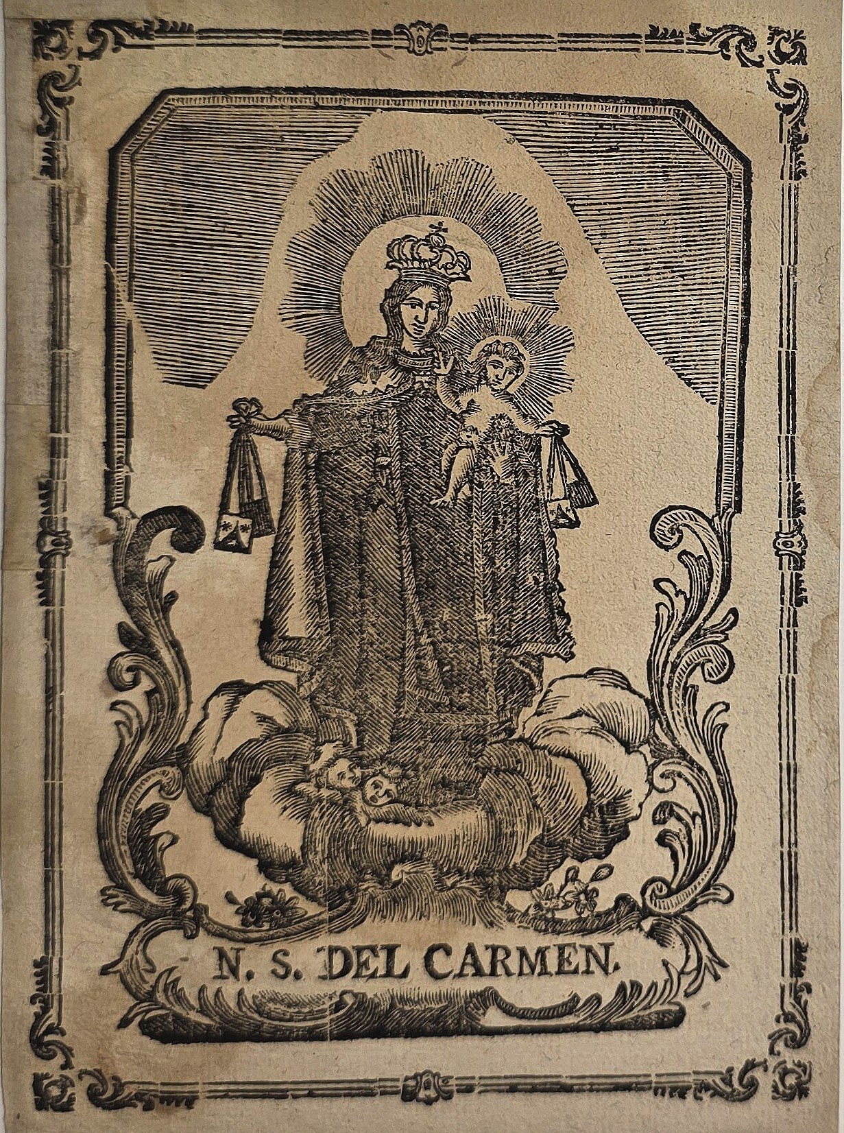 Madonna del Carmen mit Kind in Zierrahmen