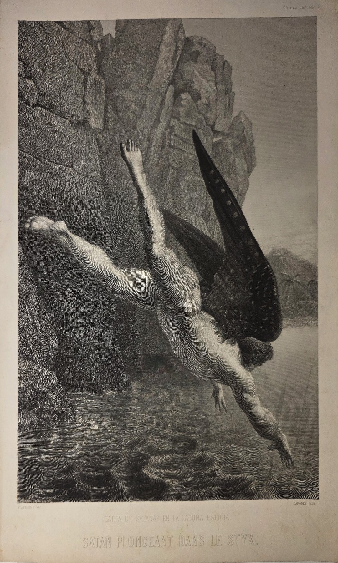 einer stürzenden Figur über felsigem Wasser