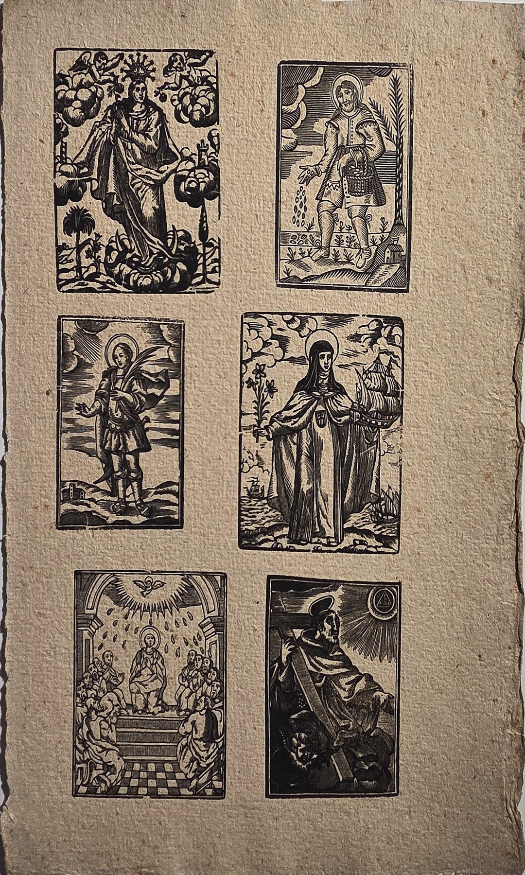 Sechs religiöse mit Heiligen- und Figurendarstellungen
