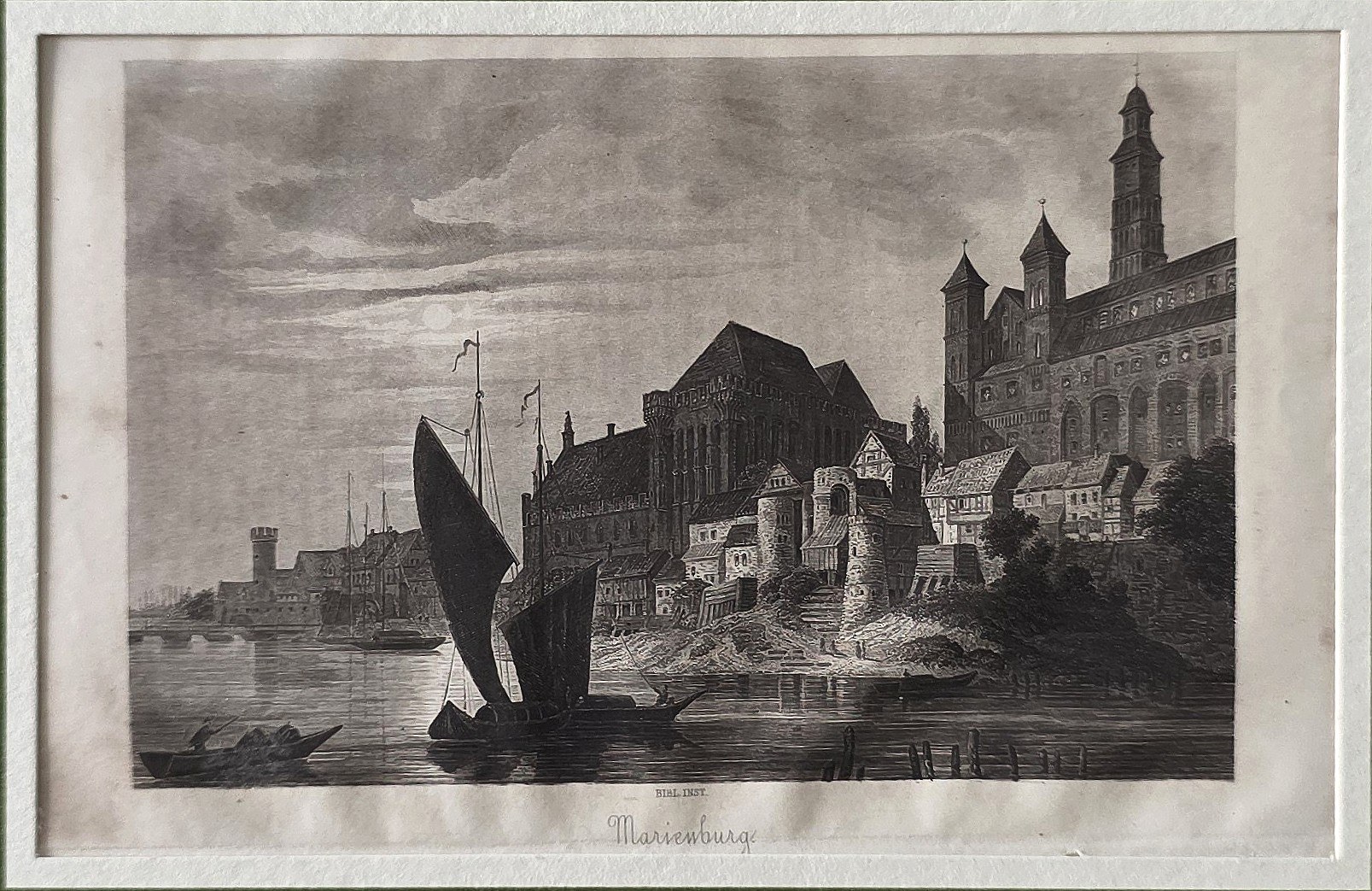 einer historischen Uferstadt mit Segelboot