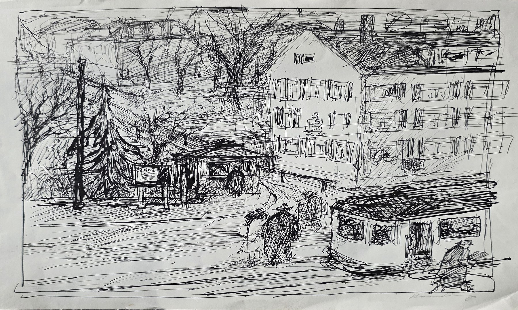 Straßenszene mit Häusern und Straßenbahn