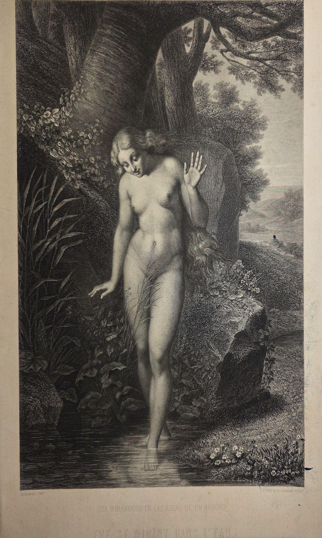 einer weiblichen Figur am Wasser unter großem Baum
