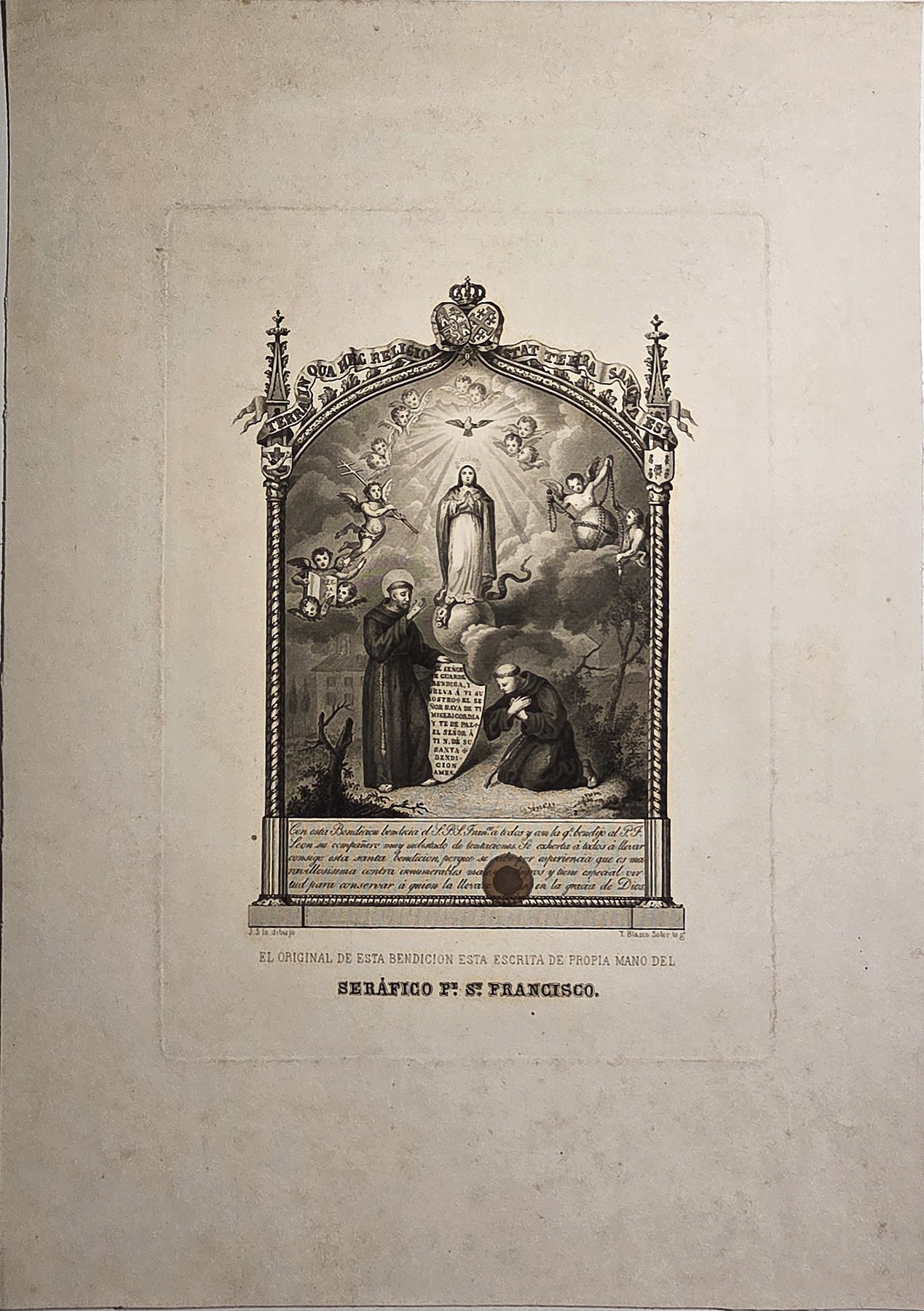 Heiligenbild in kronenbekrönter Andachtsrahmung