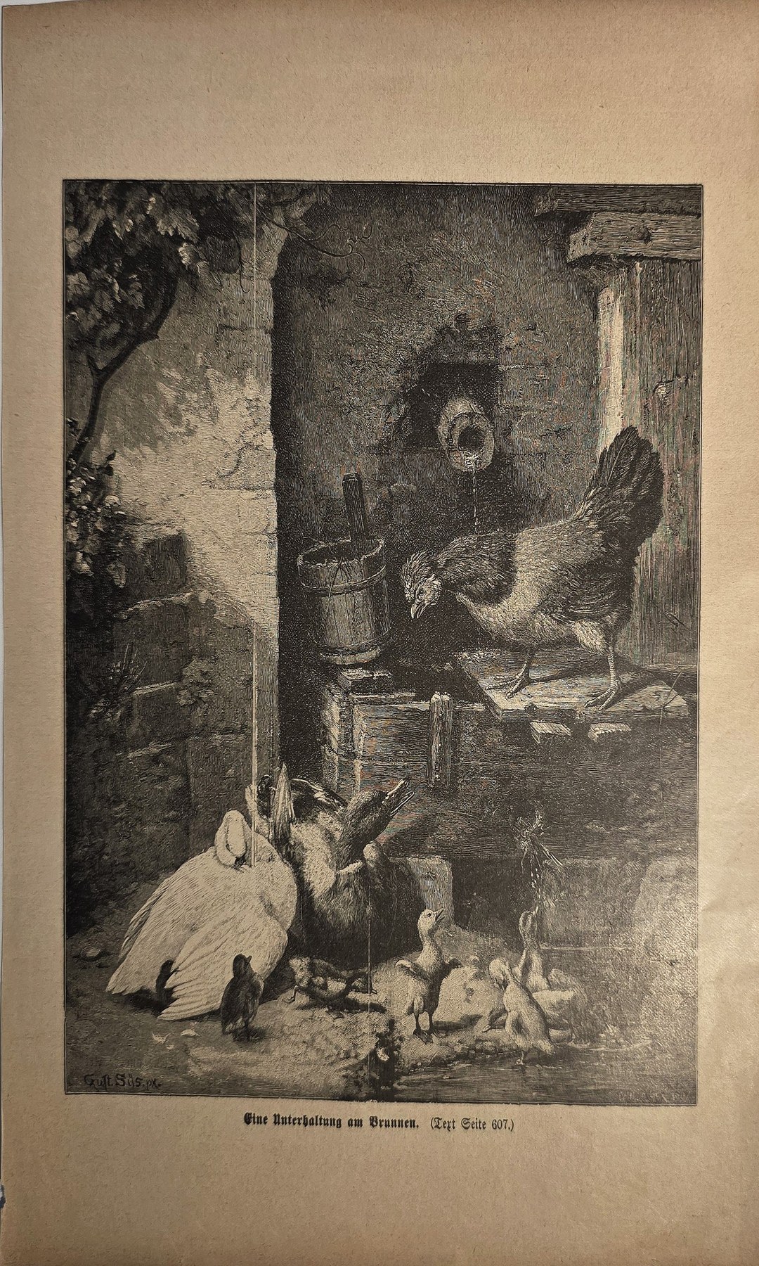Historische Darstellung – Tiere vor einem Stallgebäude