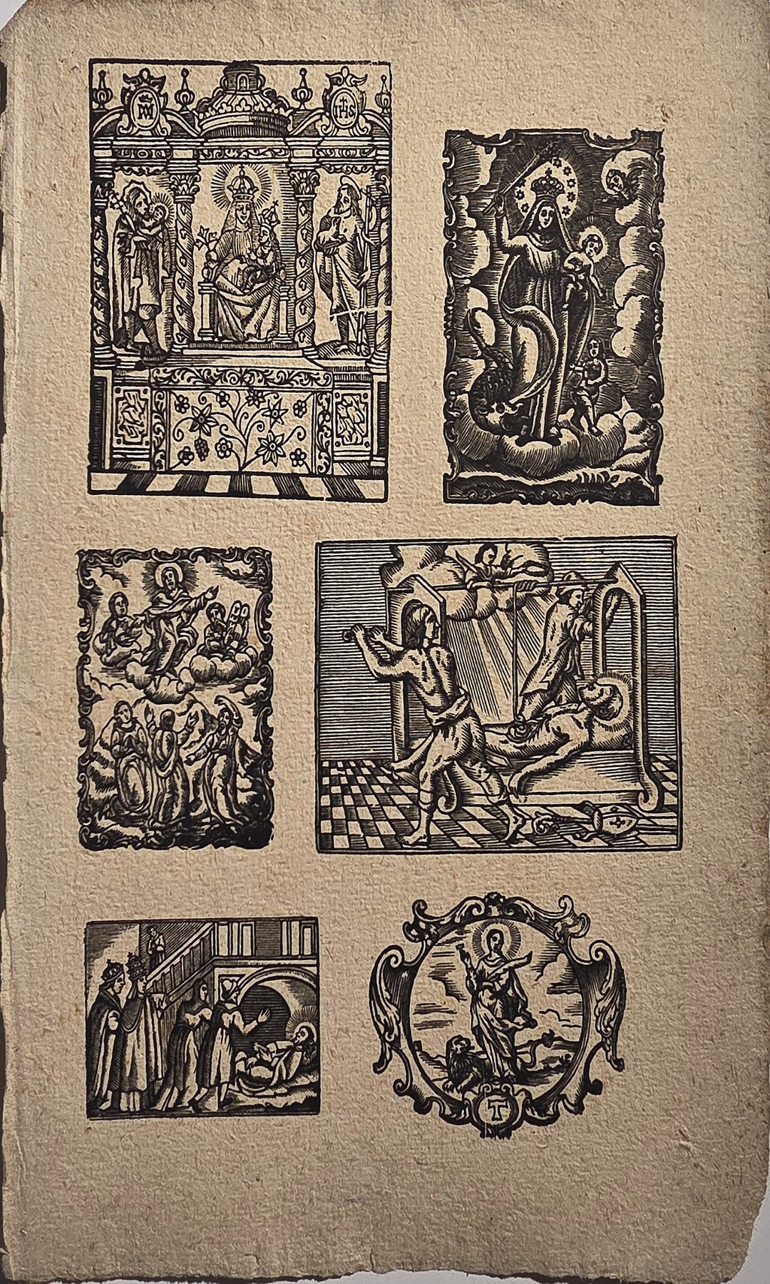 Sechs mit religiösen Szenen und Ornamentrahmung