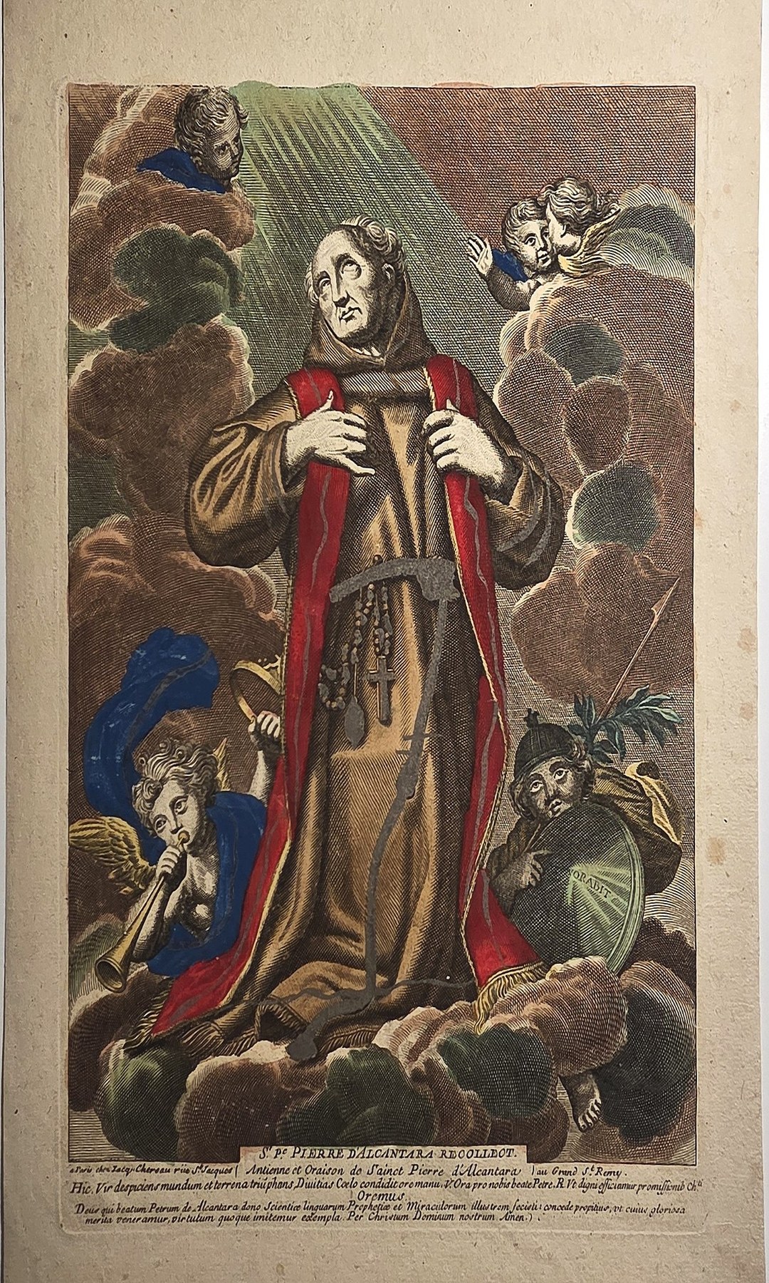 Betende Ordensfigur zwischen Engeln und Wolken