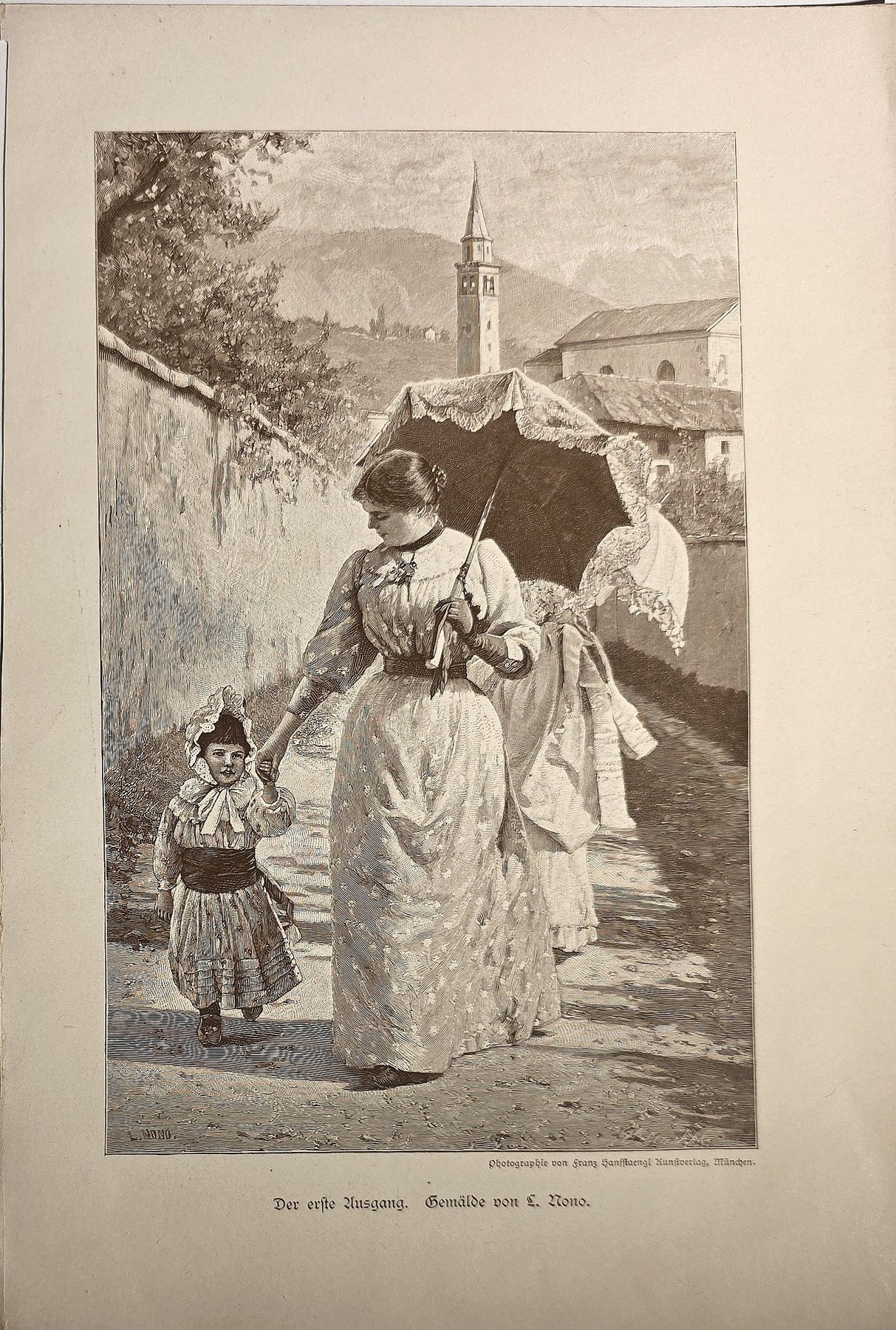 Spaziergang von Mutter und Kind mit Sonnenschirm