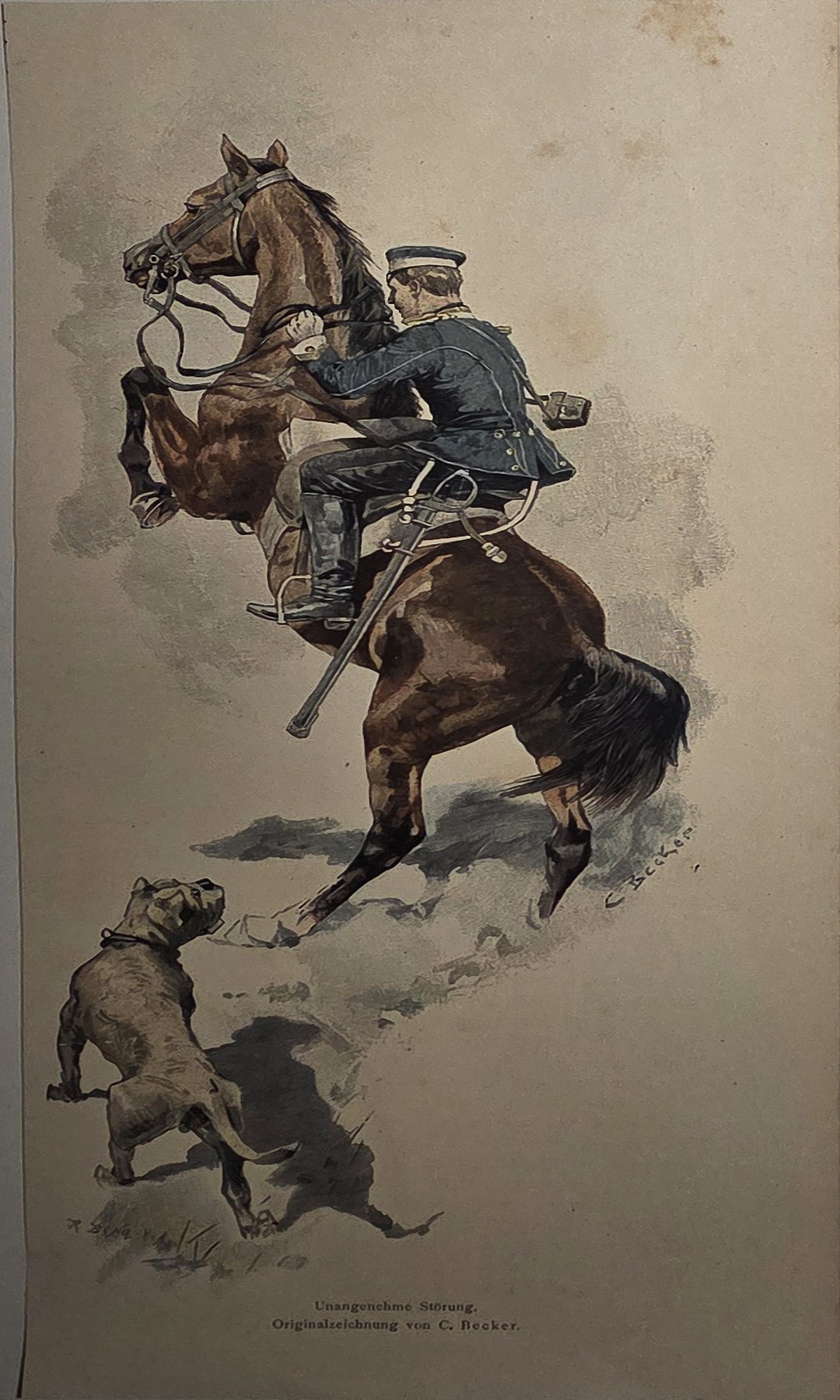 Reiter auf aufbäumendem Pferd mit Begleitfigur