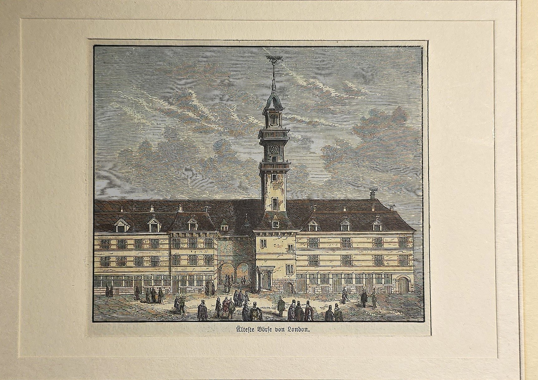 Rathausansicht mit hohem Turm und Figurenstaffage