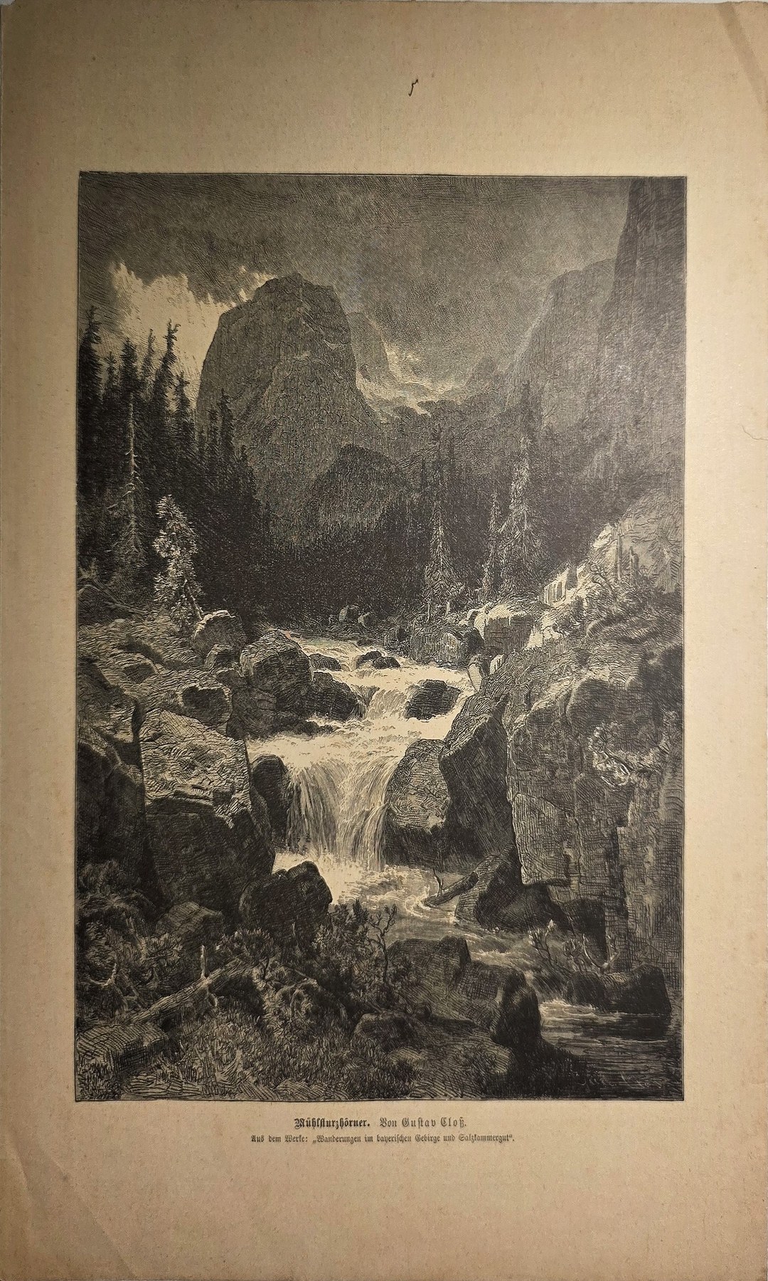 Historische Darstellung – Wasserfall in enger Gebirgsschlucht