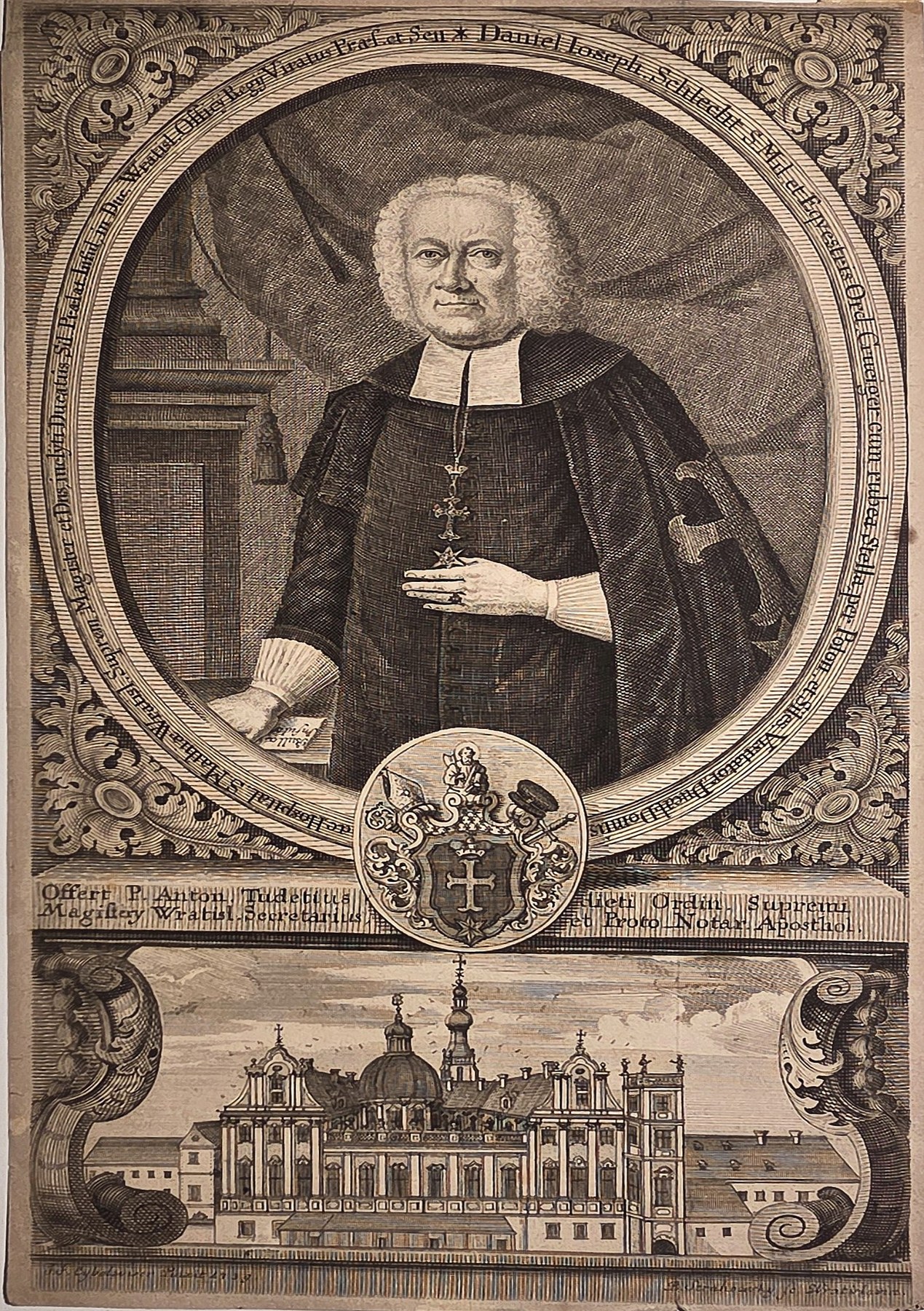 mit Geistlichenporträt und Kirchenansicht