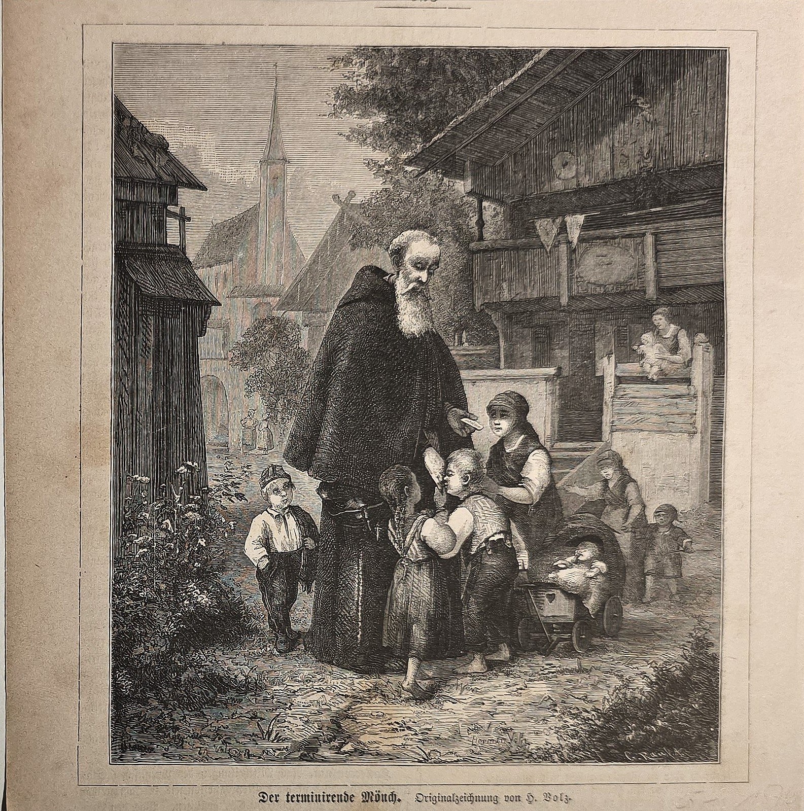 Älterer Mann mit Kindern in einer Gasse
