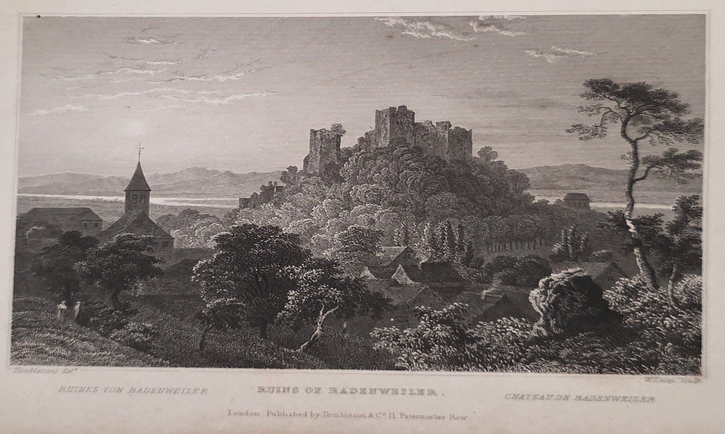 Historische Architekturdarstellung – Burgruine über einer Ortschaft