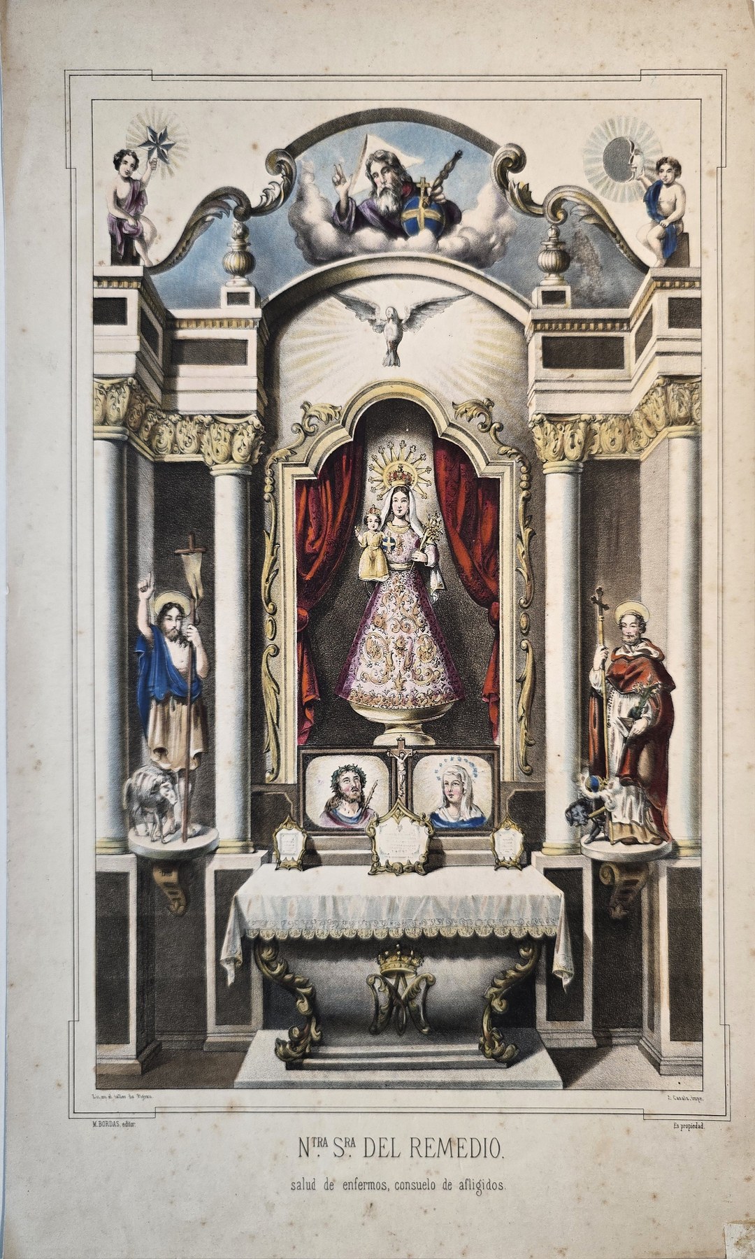 Historische Architekturdarstellung – eines farbigen Kapellenaltars mit Figur