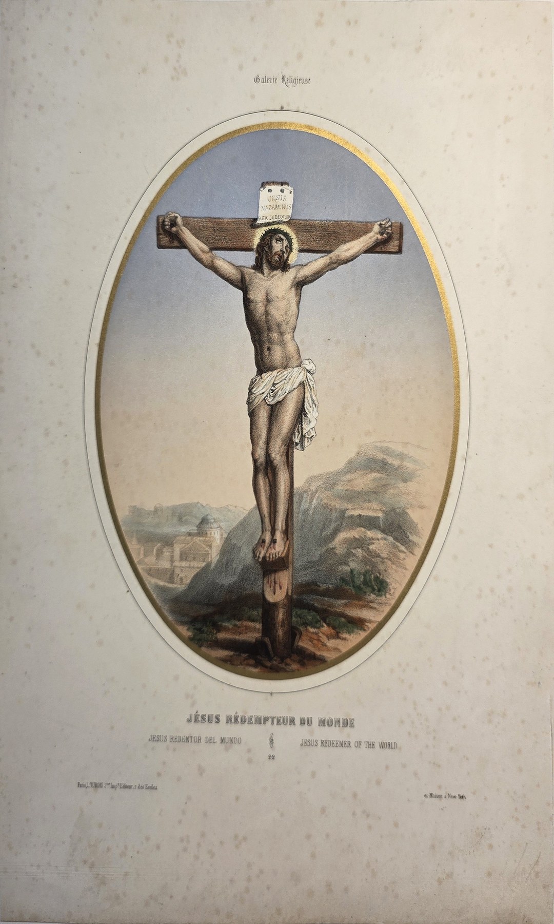 Ovale mit Christus am Kreuz vor Landschaft