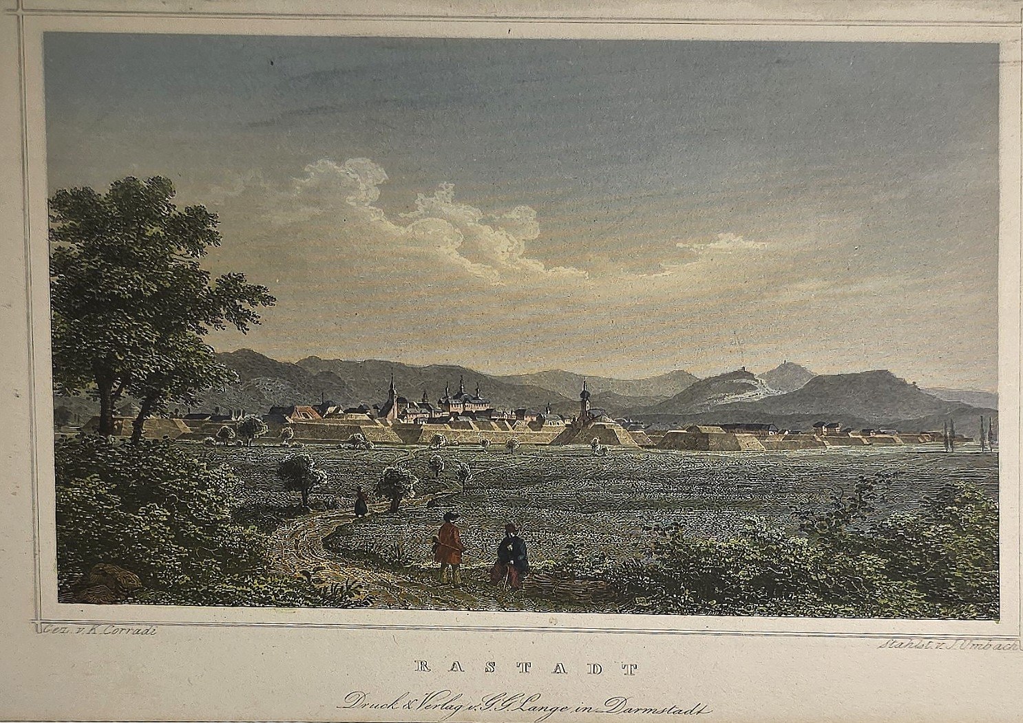 Historische Landschaftsdarstellung – Weite Landschaft mit Ortschaft und Bergkette