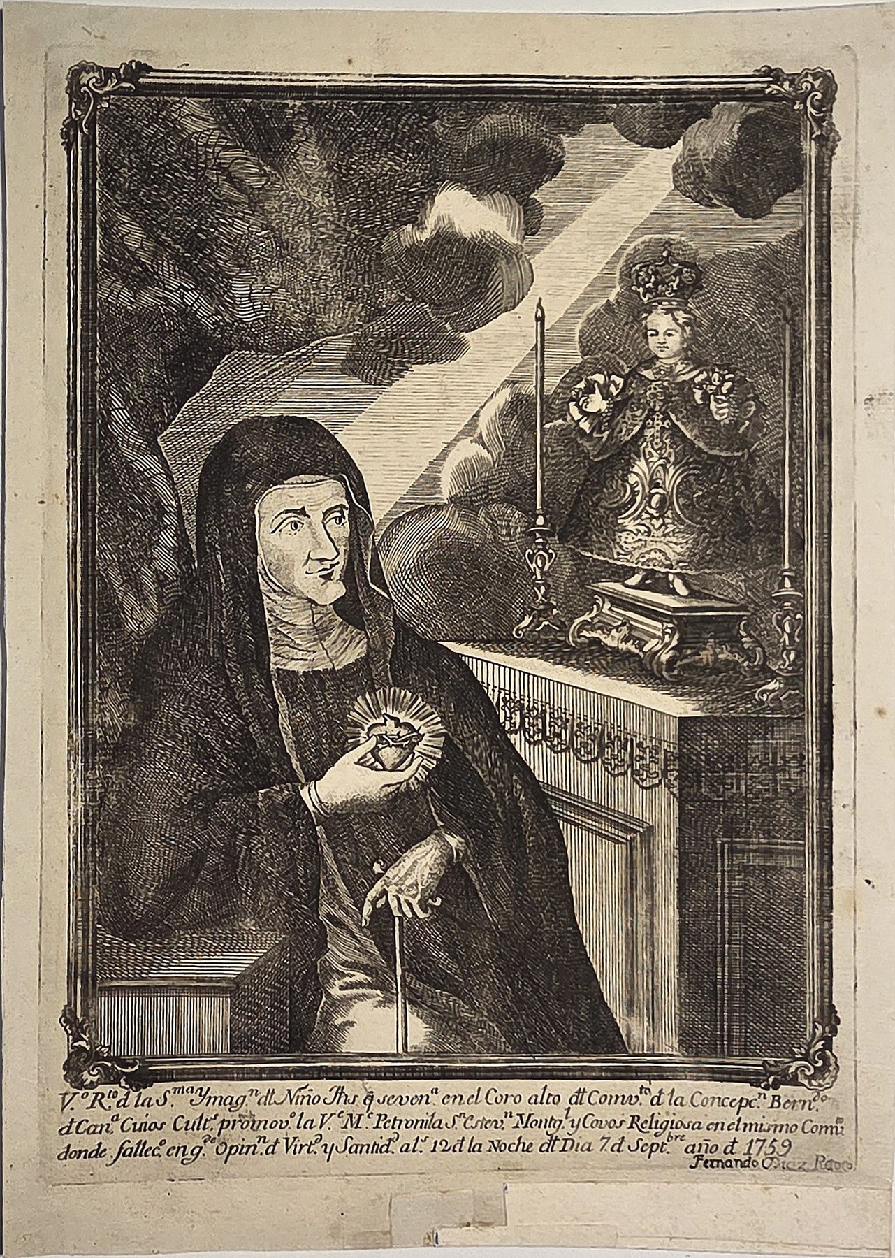Sakrale historische Darstellung – Kniende Frau vor gekrönter Marienfigur am Altar