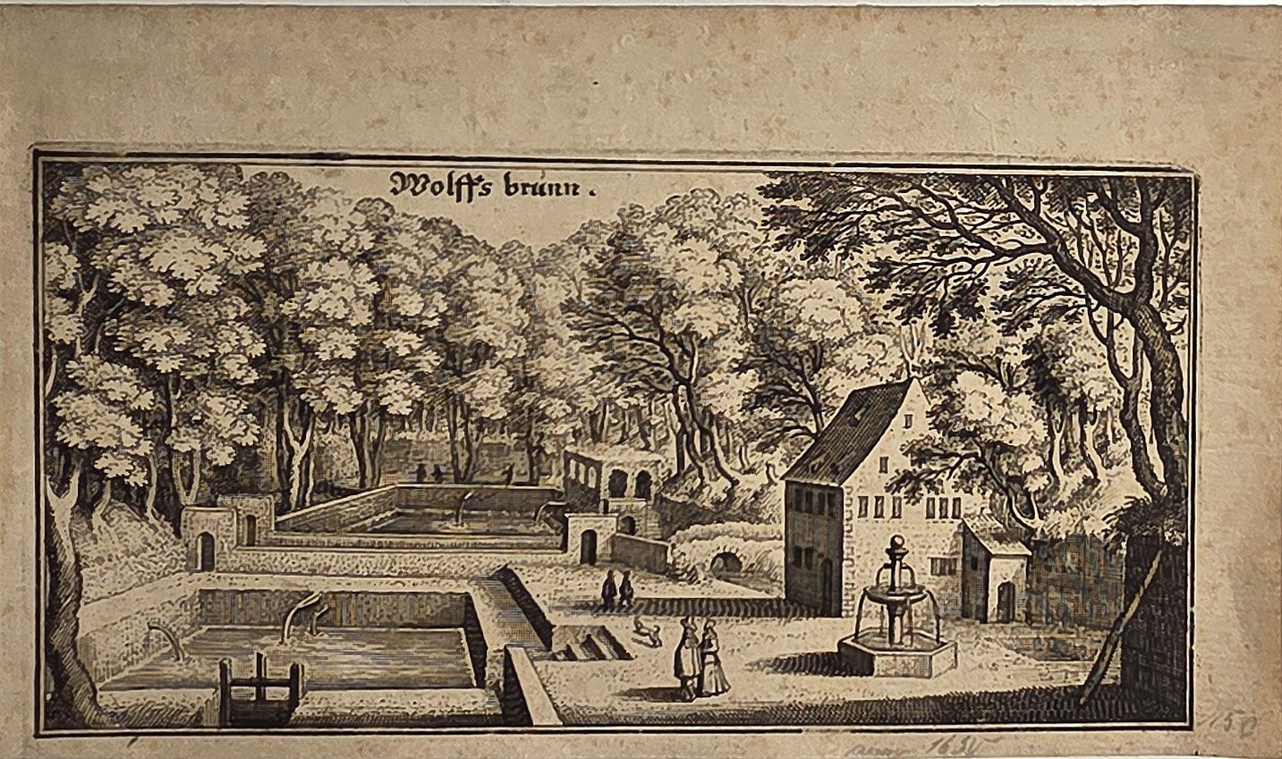 Historische Architekturdarstellung – Gartenanlage mit Bassins, Wegen und Gebäuden