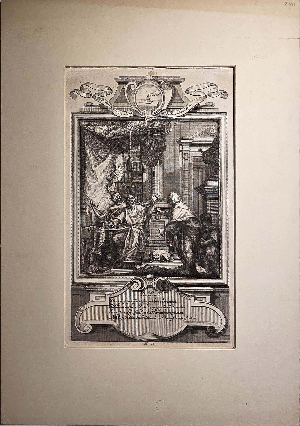 Ornamentale historische Darstellung – Kleine Innenraumszene in ornamentaler Kartusche