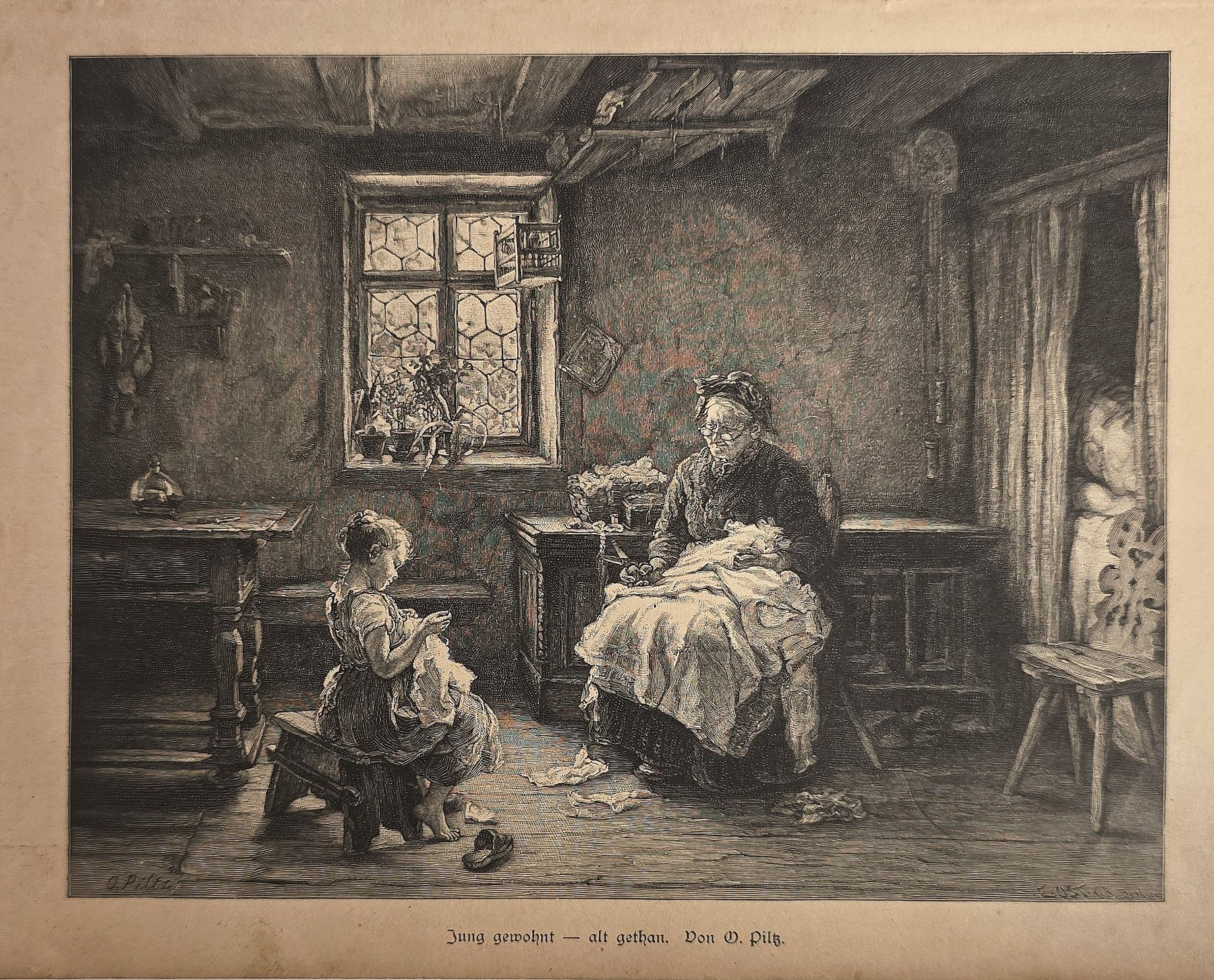 Historische Darstellung – Mutter mit Kindern in einer Bauernstube