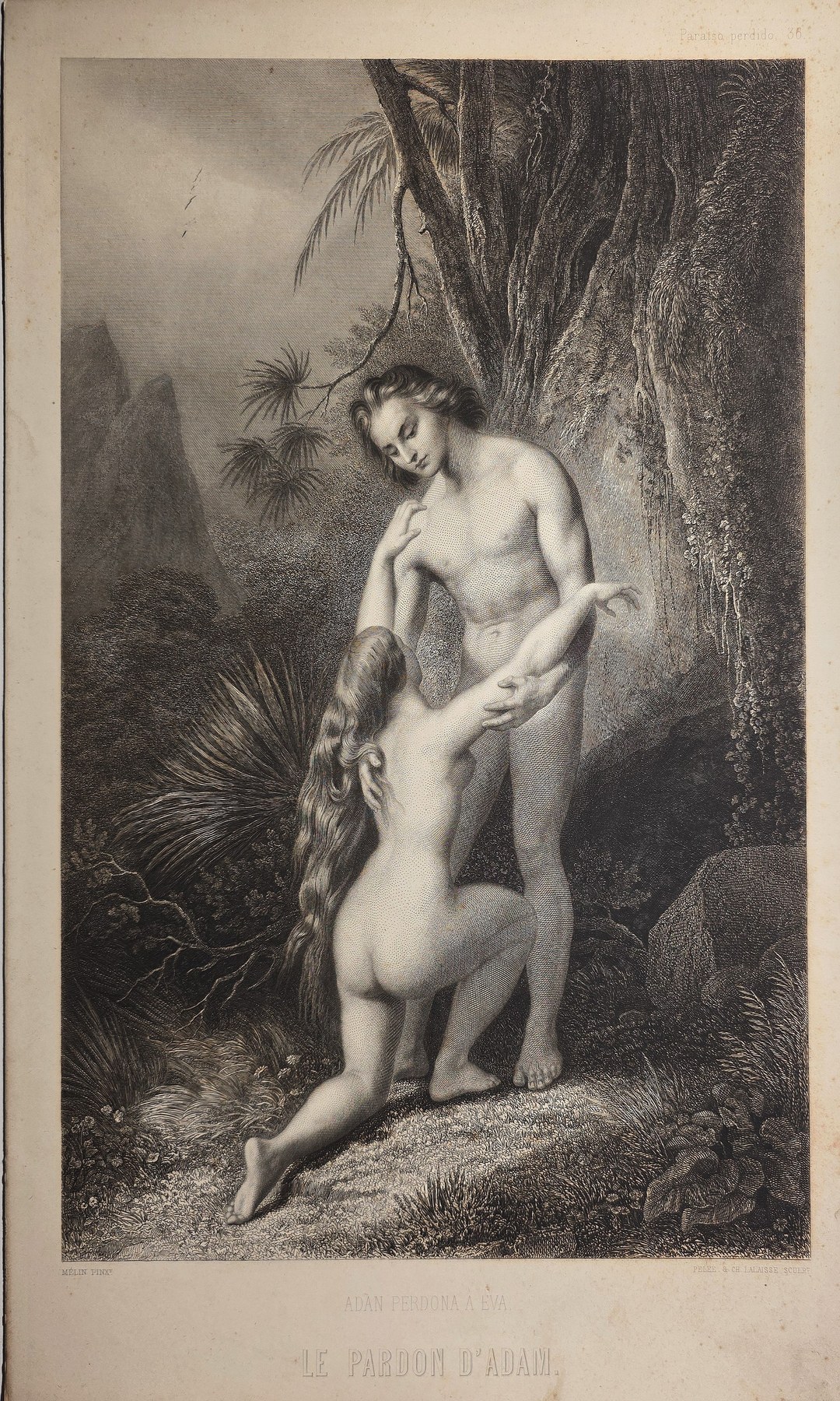Historische Landschaftsdarstellung – einer Frau mit Kind in waldreicher Landschaft