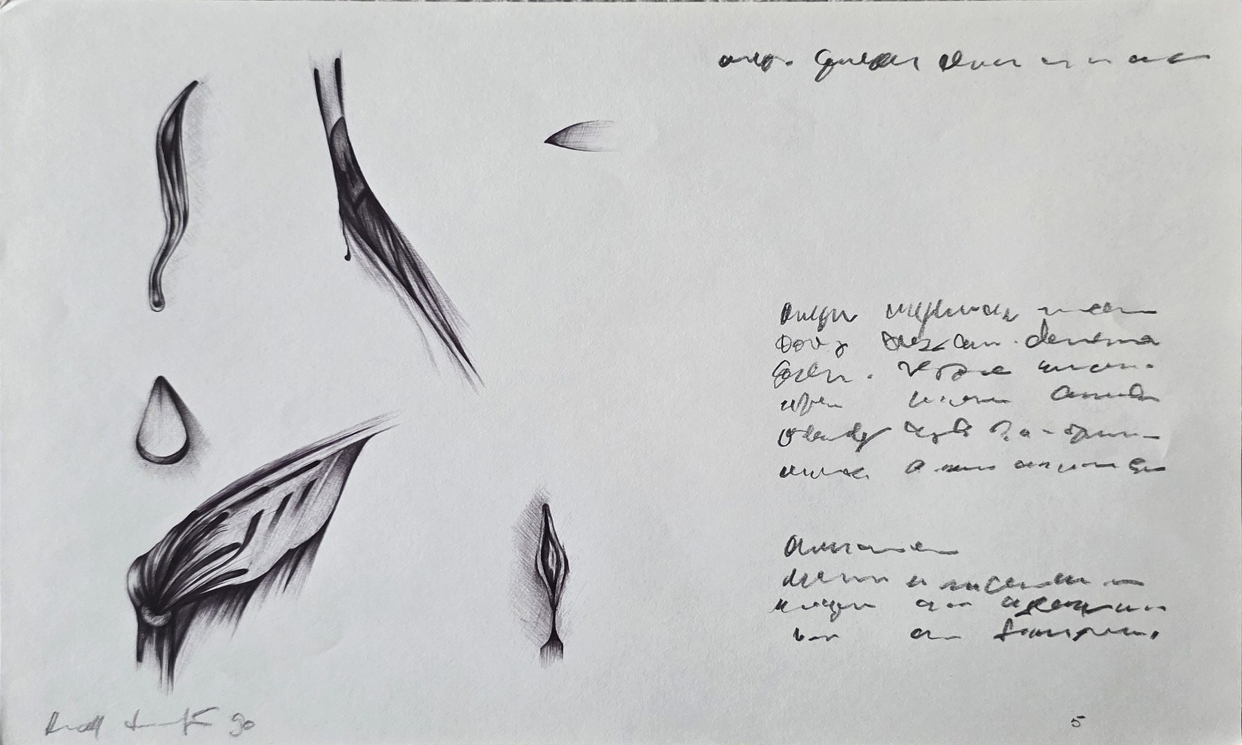 Studienblatt mit länglichen Formen und Handschrift