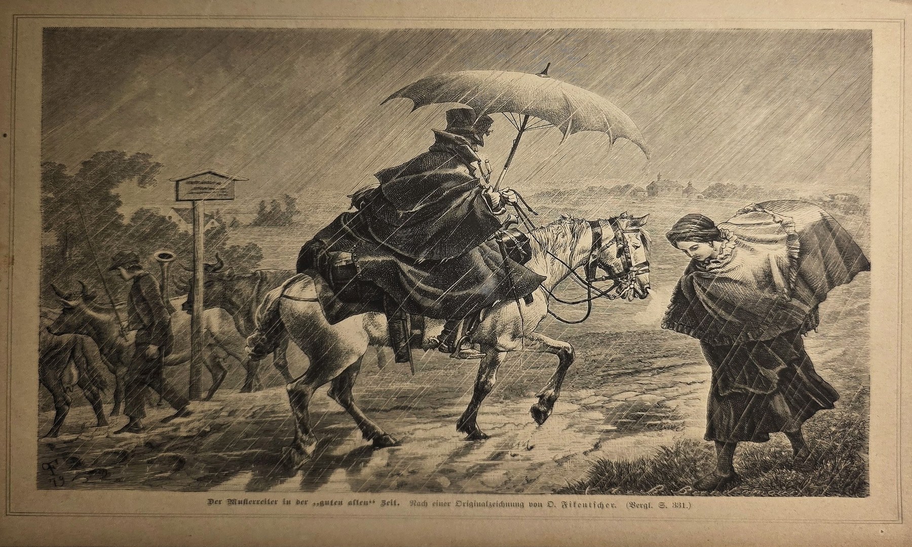 Reiter im Regen mit großem Schirm